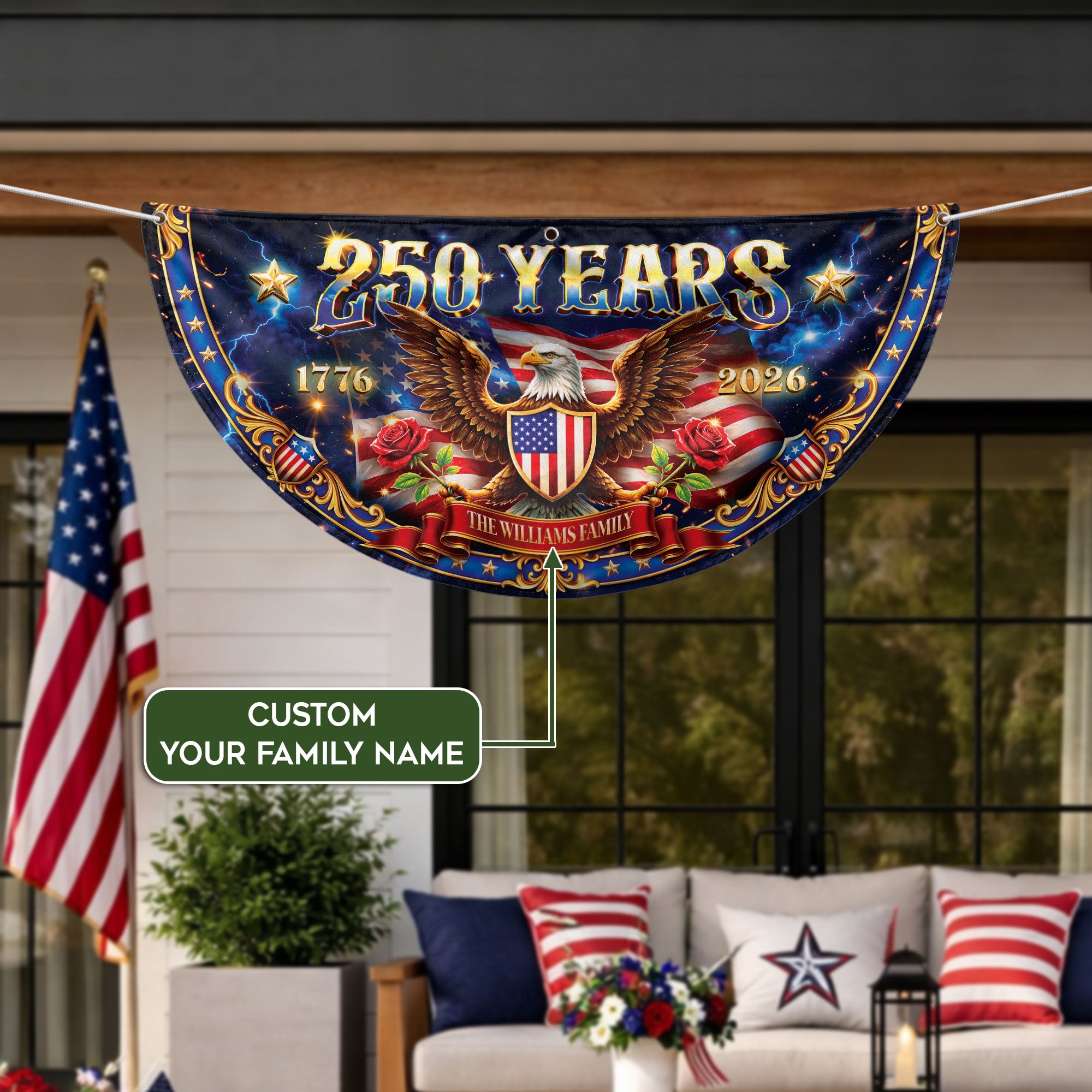 250 Years 1776-2026 Custom Family Name Patriot Eagle Shield Fence Flag Bunting Banner