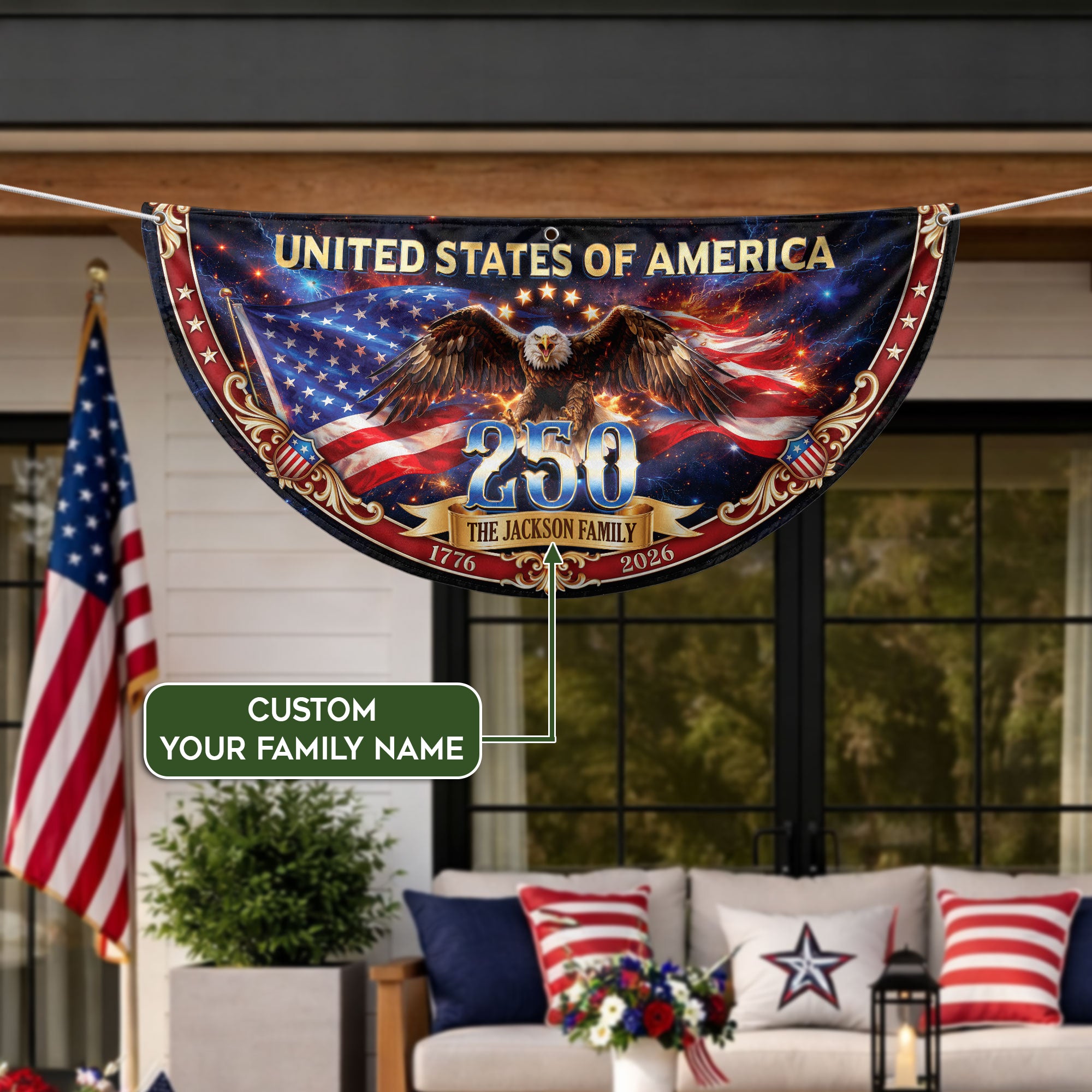 United States 250 Years Custom Family Name Fence Flag - 1776-2026 Patriot Bunting Decor