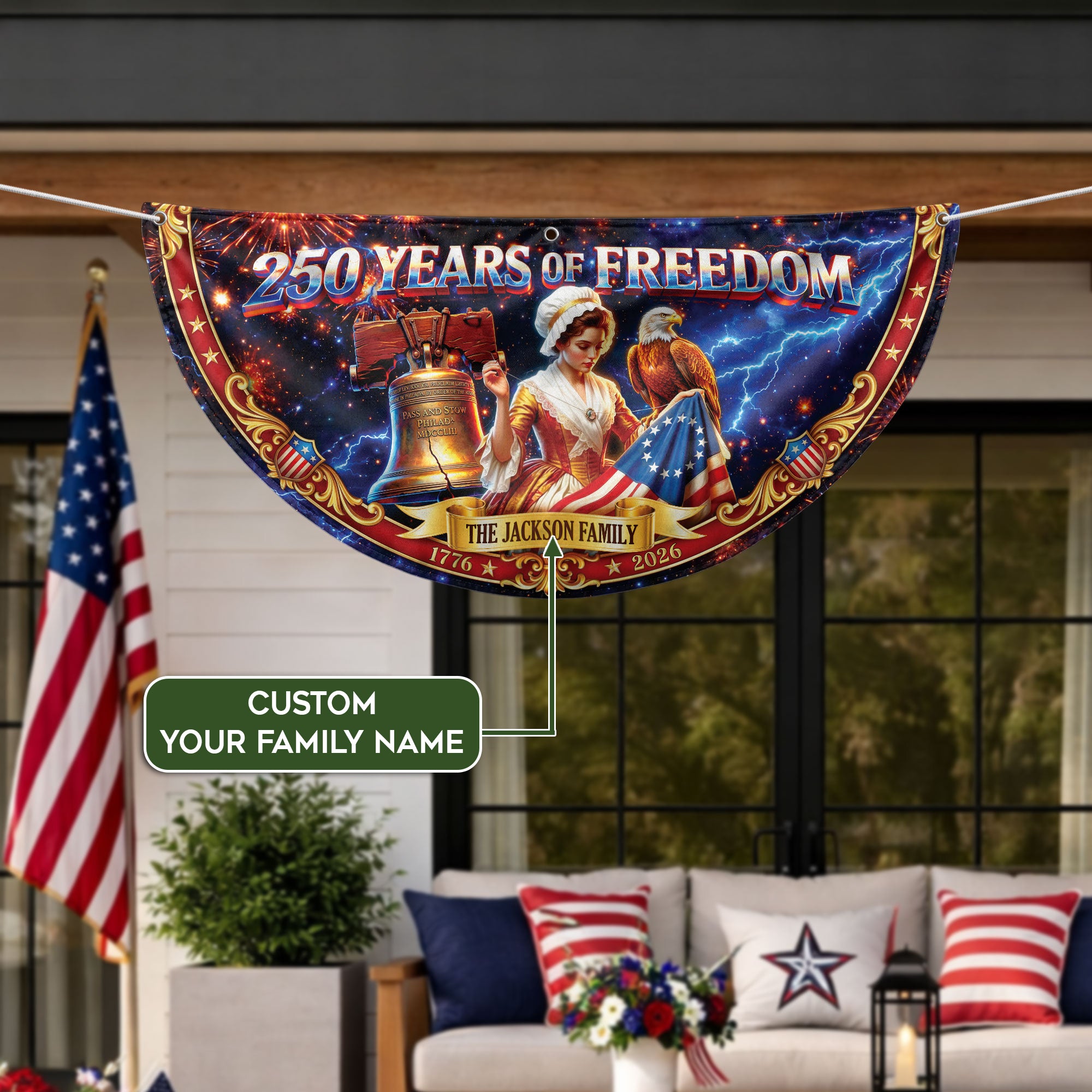 Custom Family Name 250 Years of Freedom Betsy Ross Patriot 1776-2026 Fence Flag Banner