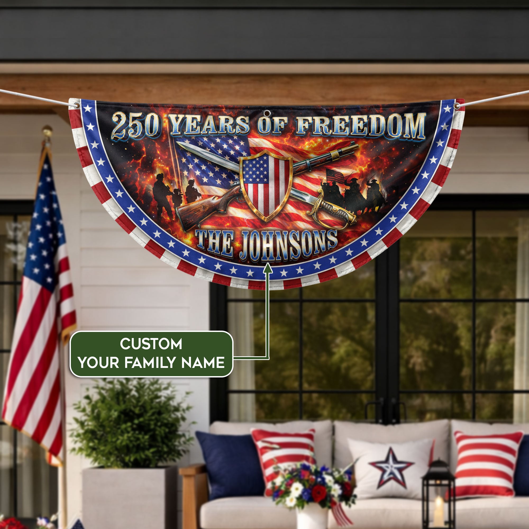 Custom Family Name 250 Years of Freedom Patriot Shield 1776-2026 Bunting Fence Flag