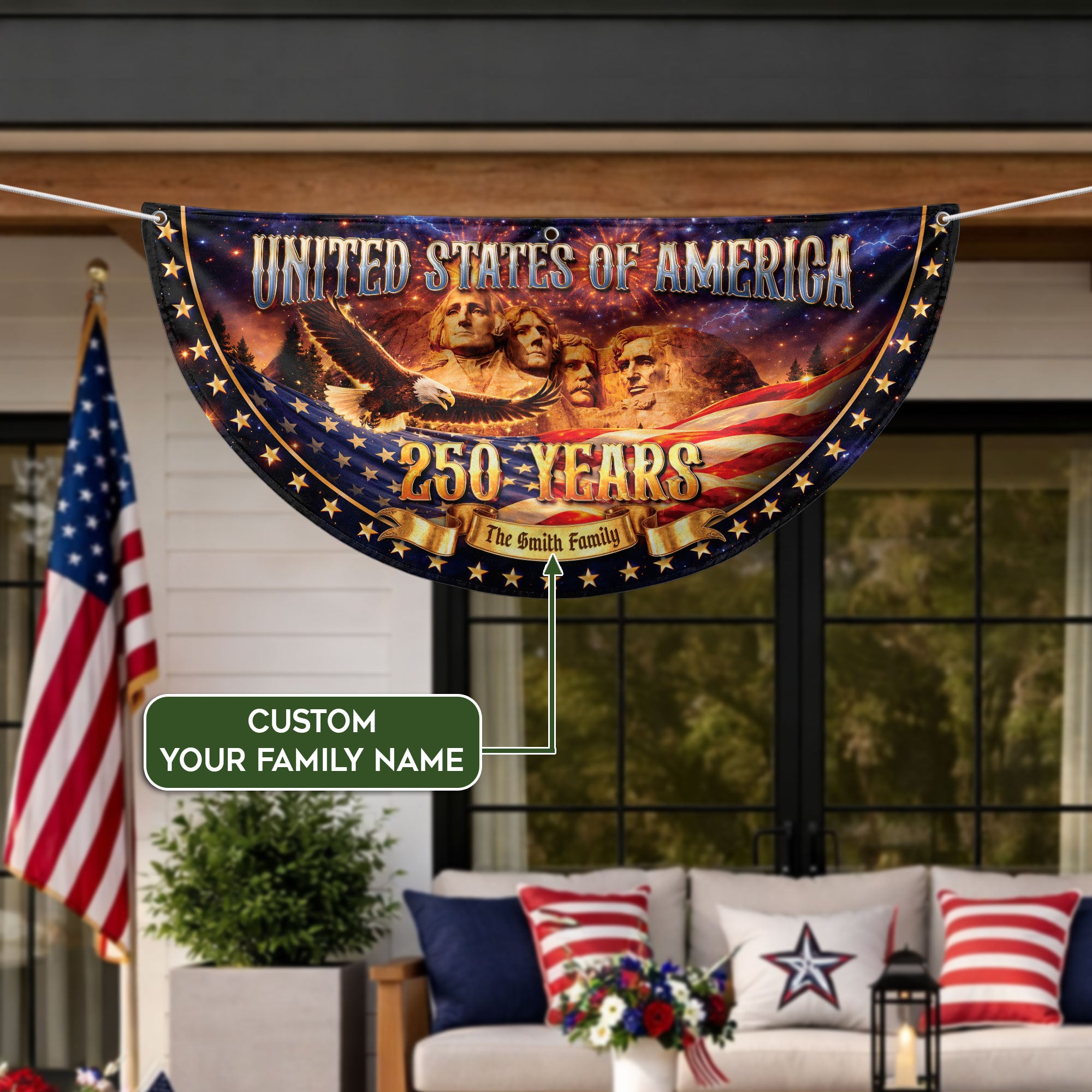 Custom Family Name United States 250 Years Mount Rushmore Patriot Bunting Fence Flag