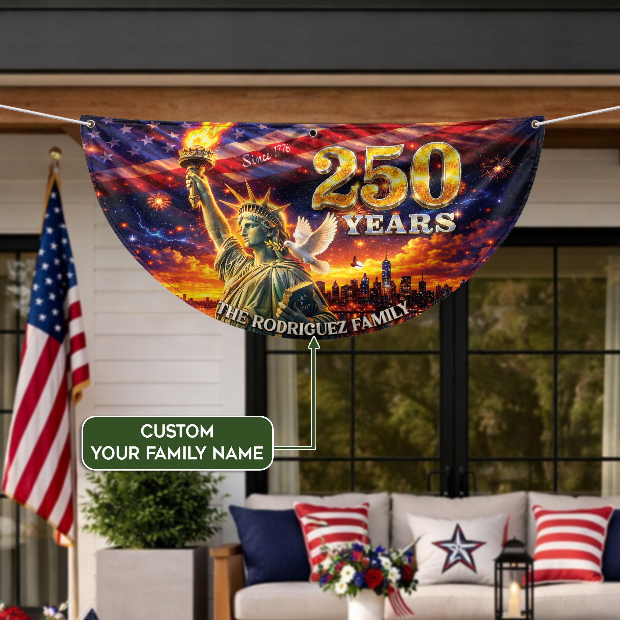 Custom Family Name 250 Years United States Statue of Liberty Patriot Bunting Fence Flag