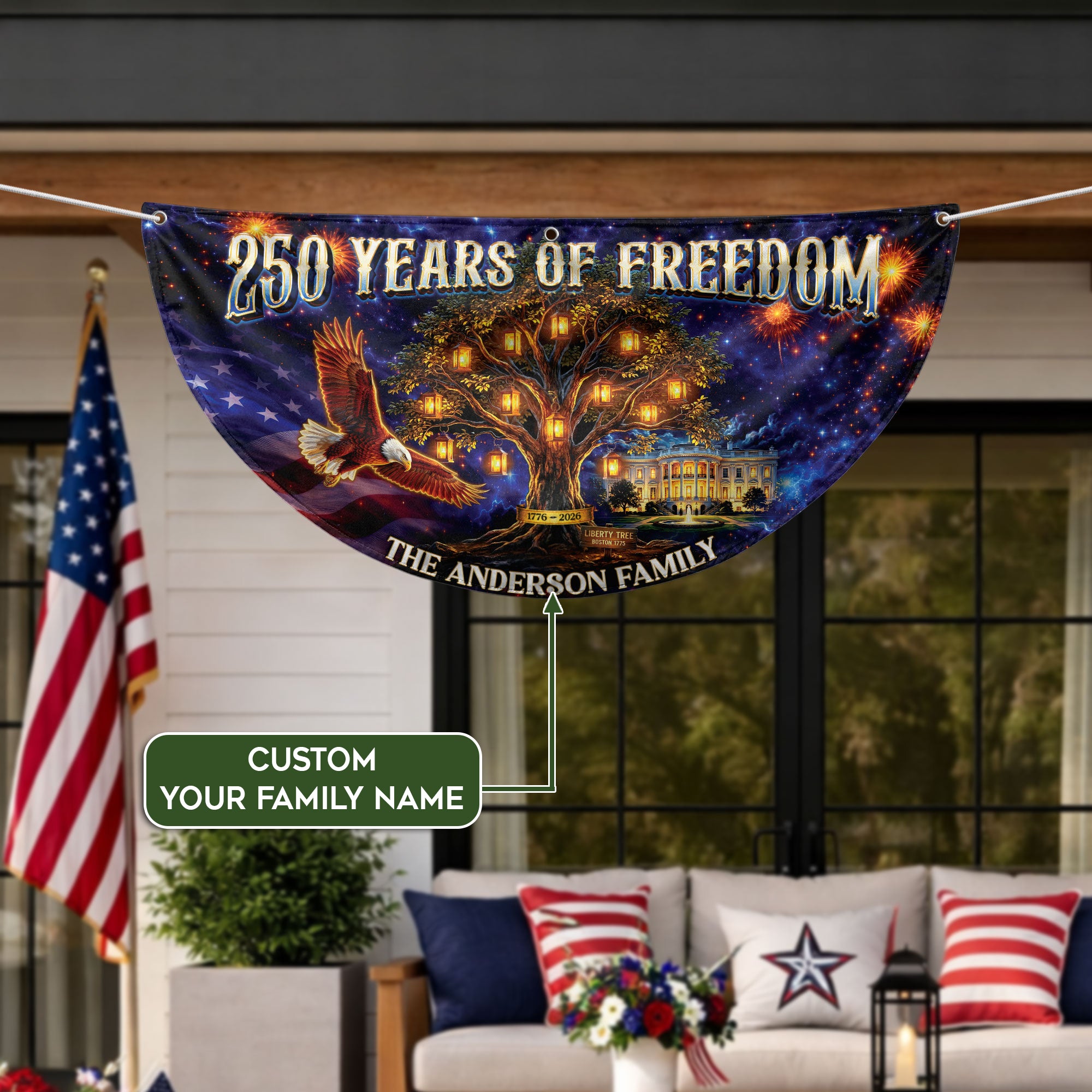 Custom Family Name 250 Years of Freedom Liberty Tree 1776-2026 Patriot Fence Flag Banner