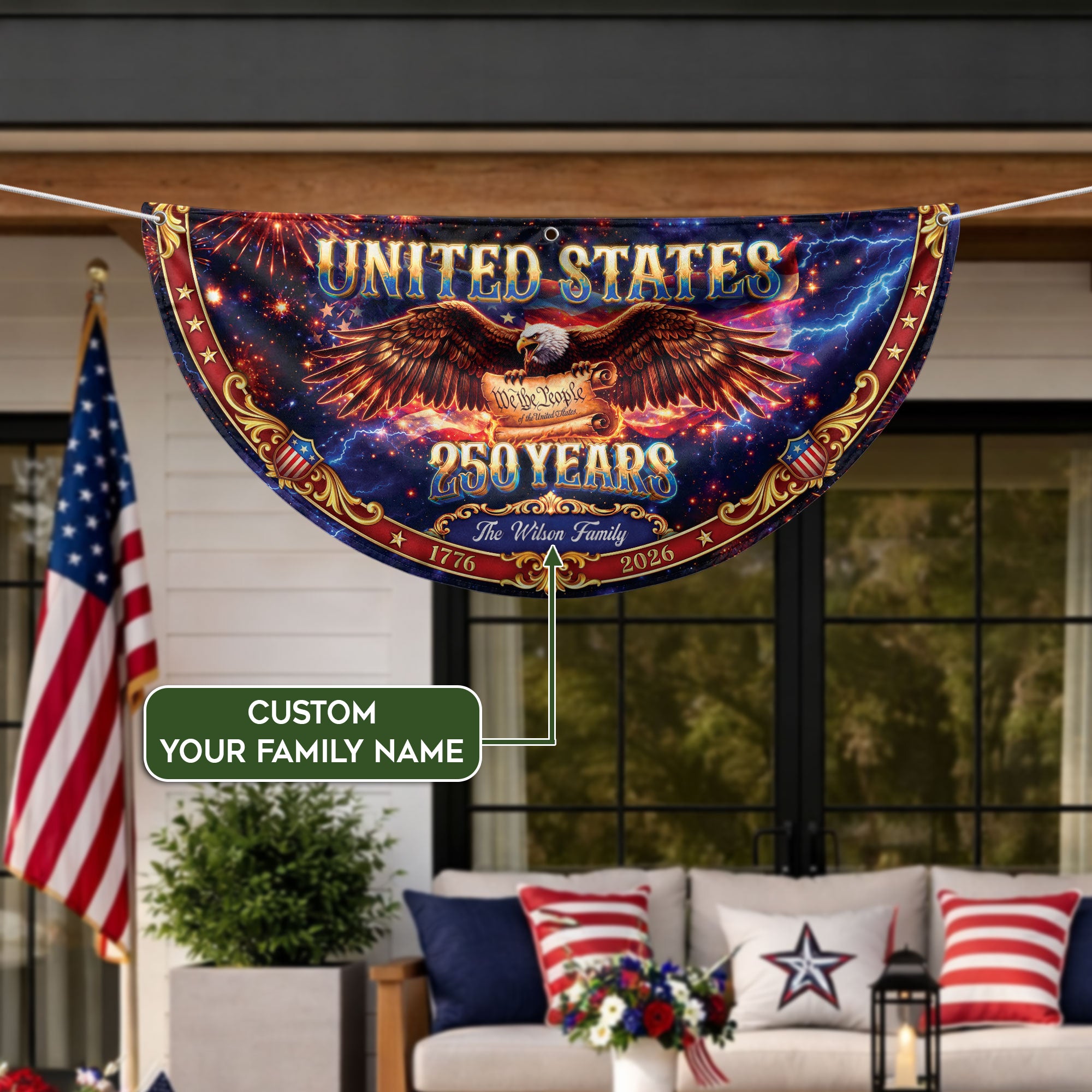 Custom Family Name 250 Years United States Patriot Eagle 1776-2026 Fence Flag Banner