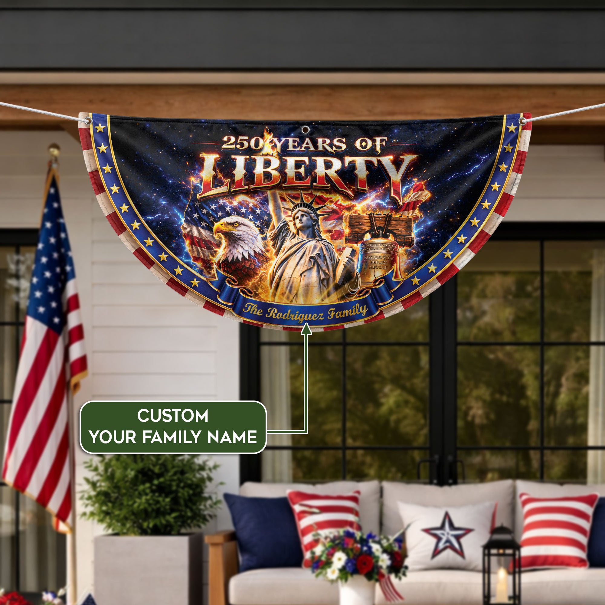 United States 250 Years Custom Family Name Fence Flag - 1776-2026 Patriot Liberty Decor