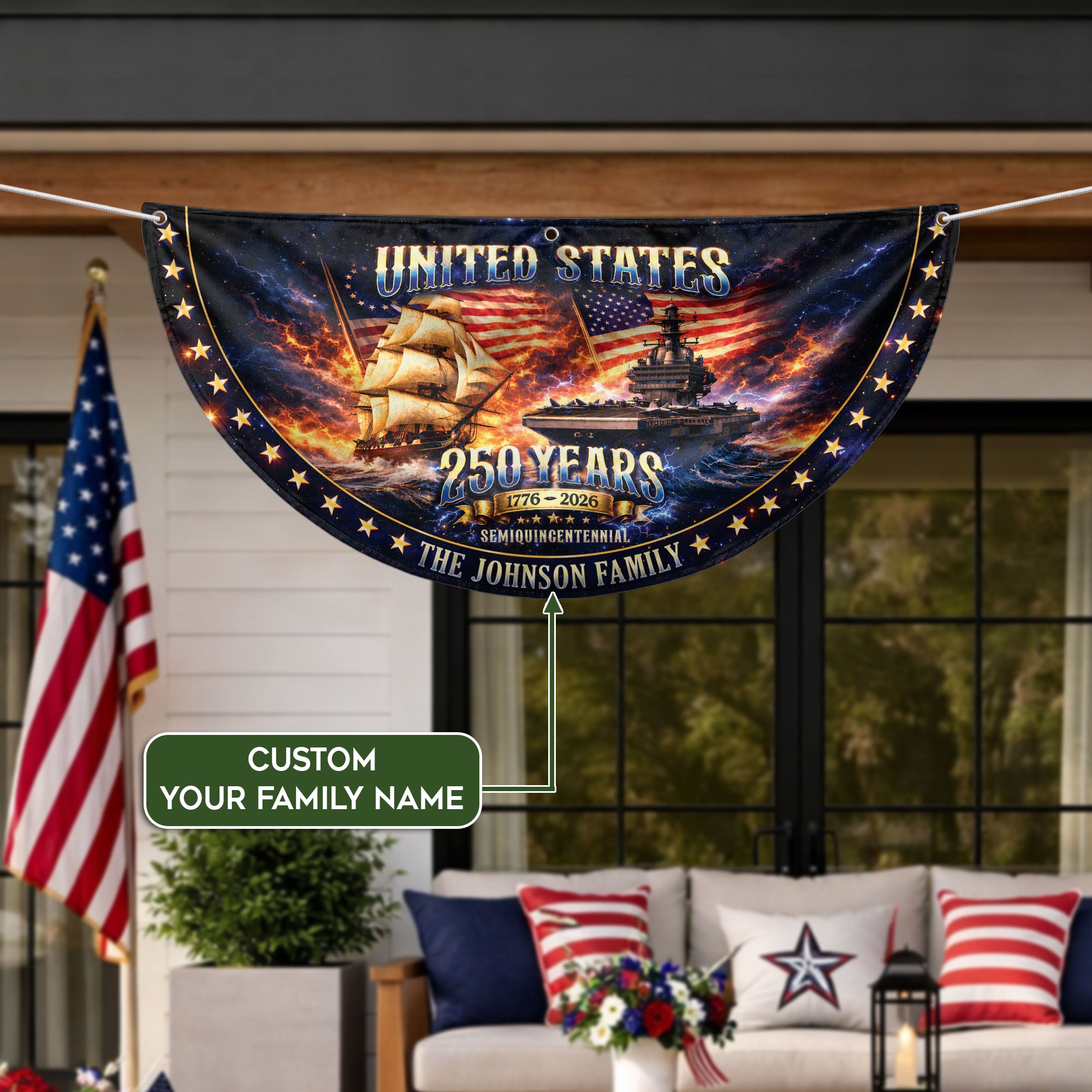 United States 250 Years Custom Family Name Fence Flag - 1776-2026 Patriot Navy Bunting