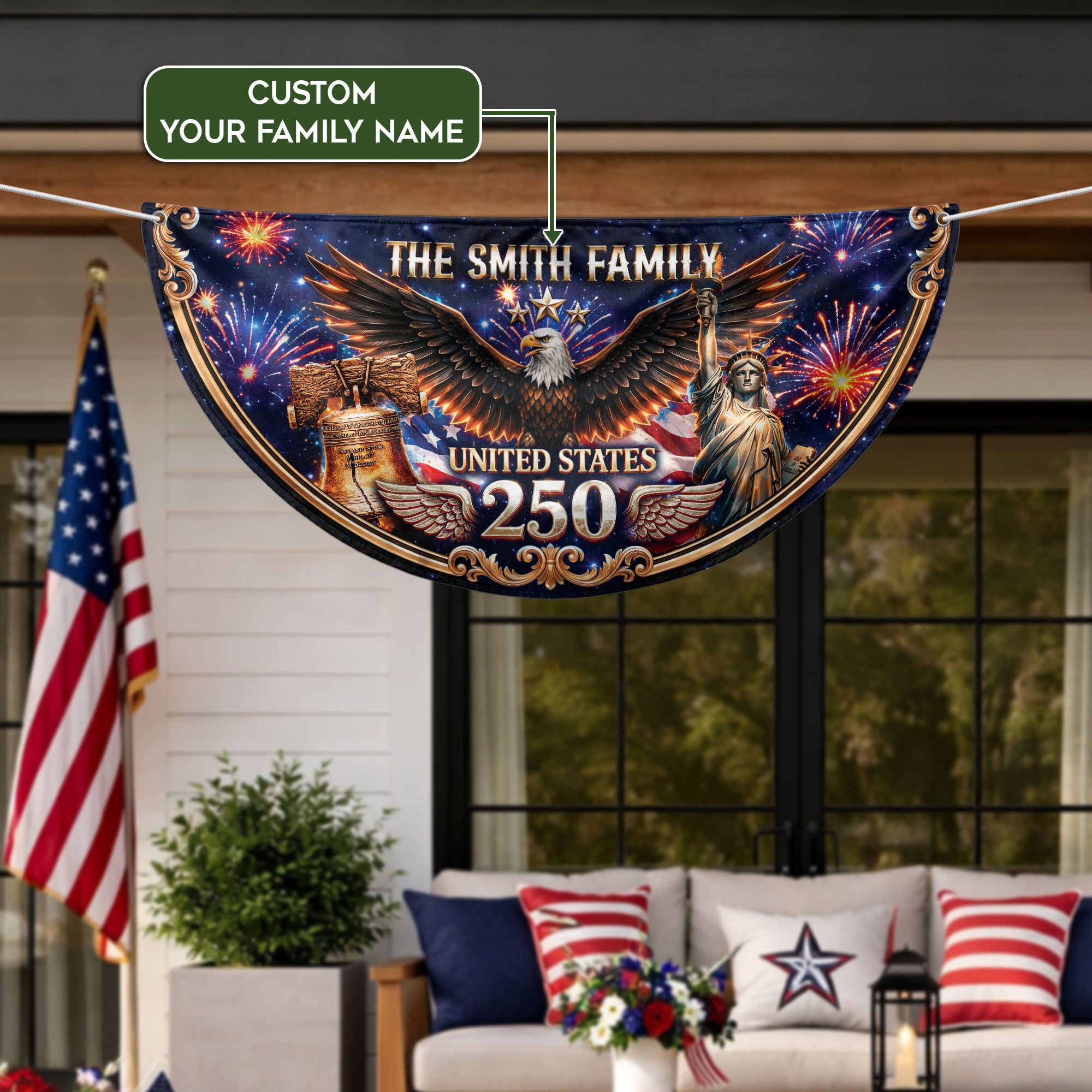 Personalized Family Name 1776-2026 United States Patriot Eagle Statue of Liberty Fence Flag