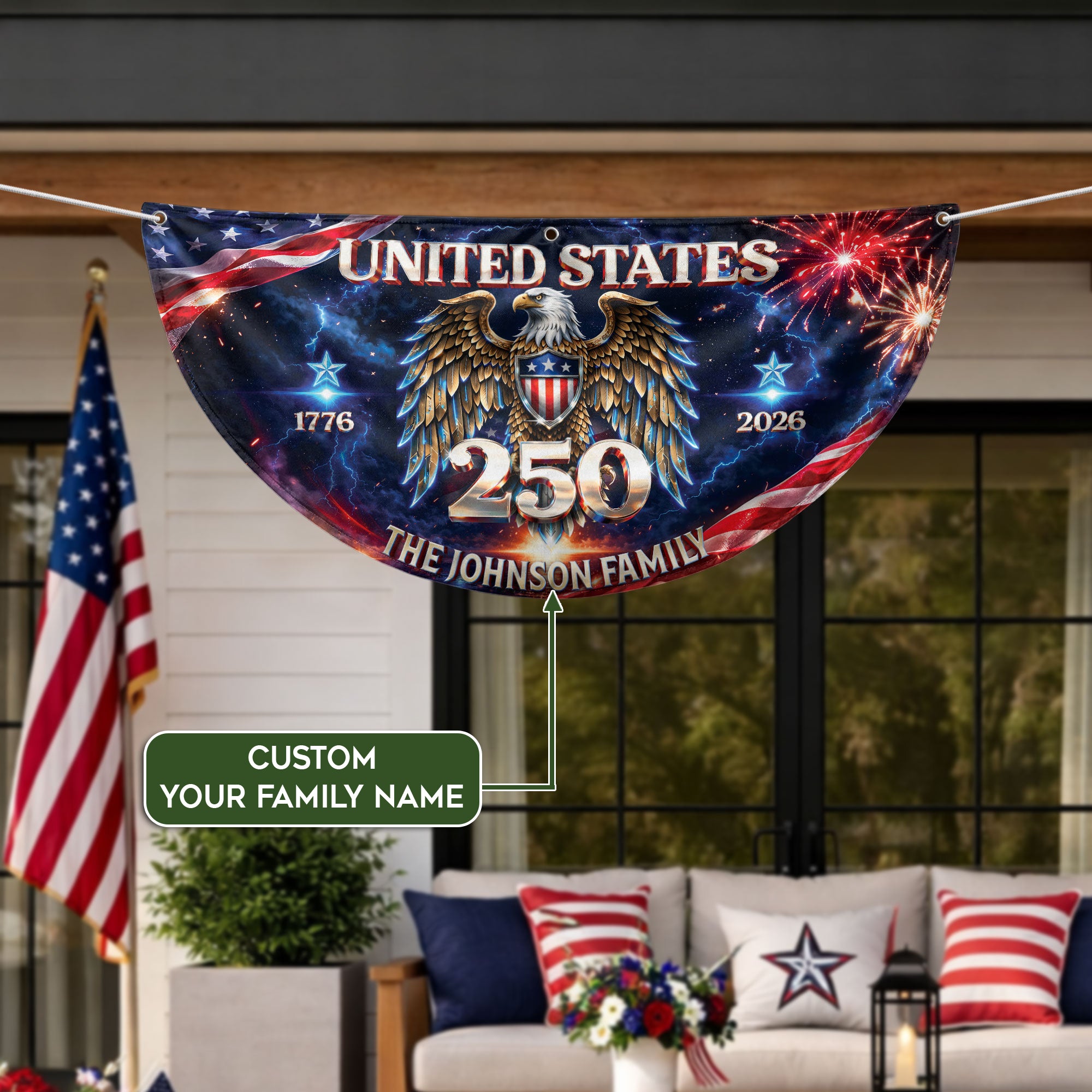 Custom Family Name United States 250 Years Patriot Eagle 1776-2026 Bunting Fence Flag
