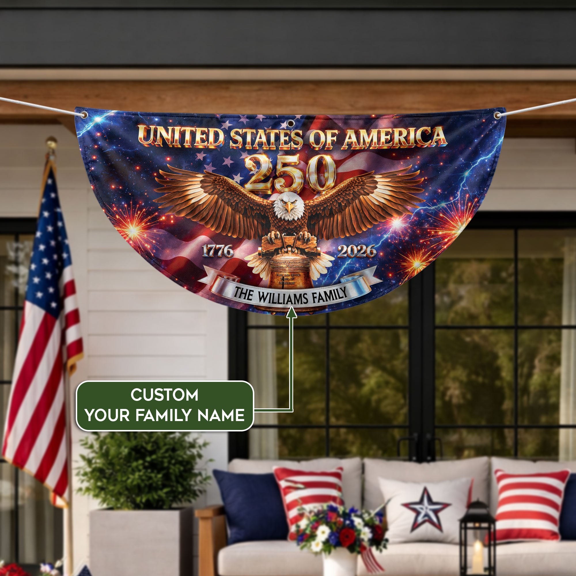 Personalized Family Name 1776-2026 United States Patriot Eagle Liberty Bell Fence Flag