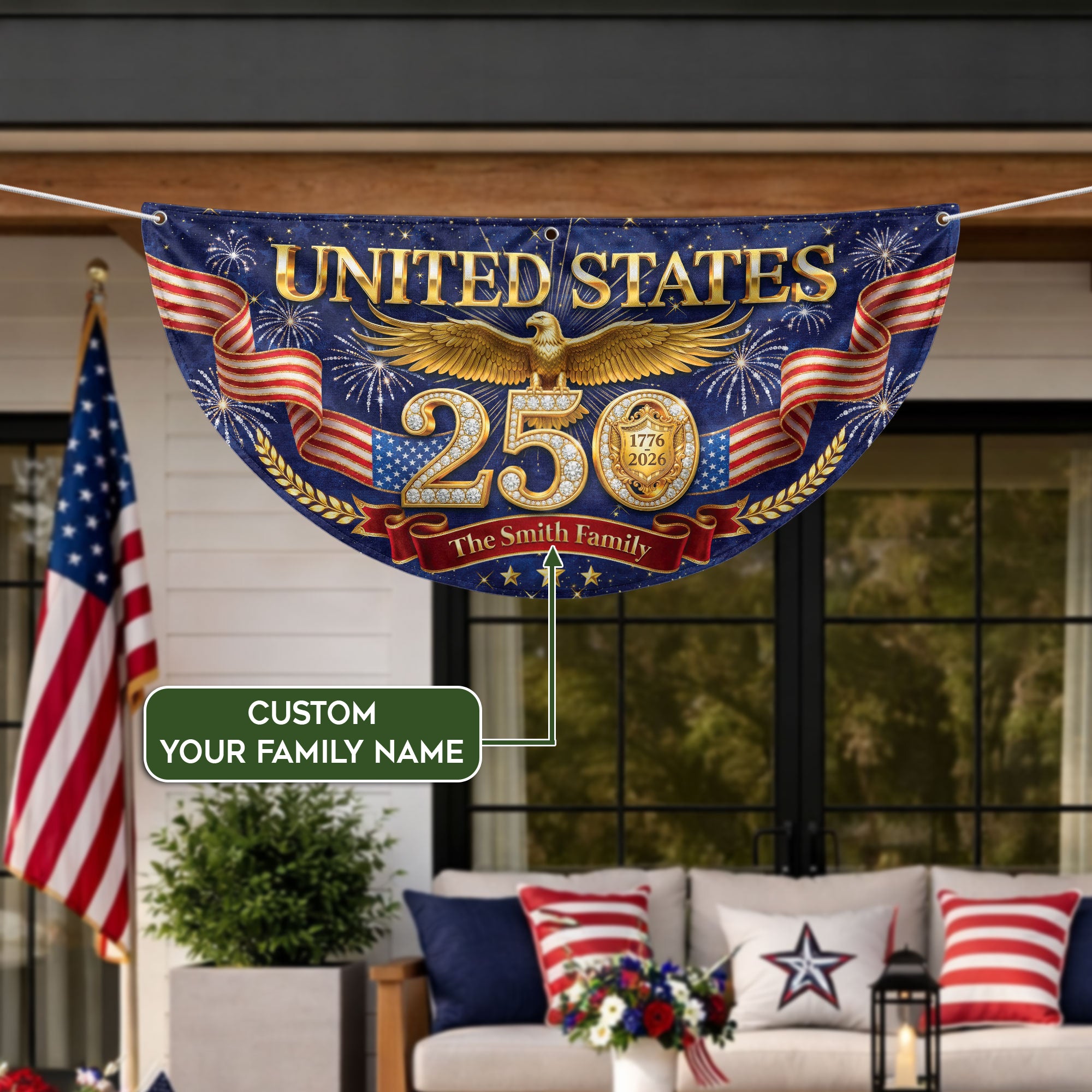 Custom Family Name 250th Anniversary USA Fence Flag Patriotic Golden Eagle Liberty Bell 1776-2026