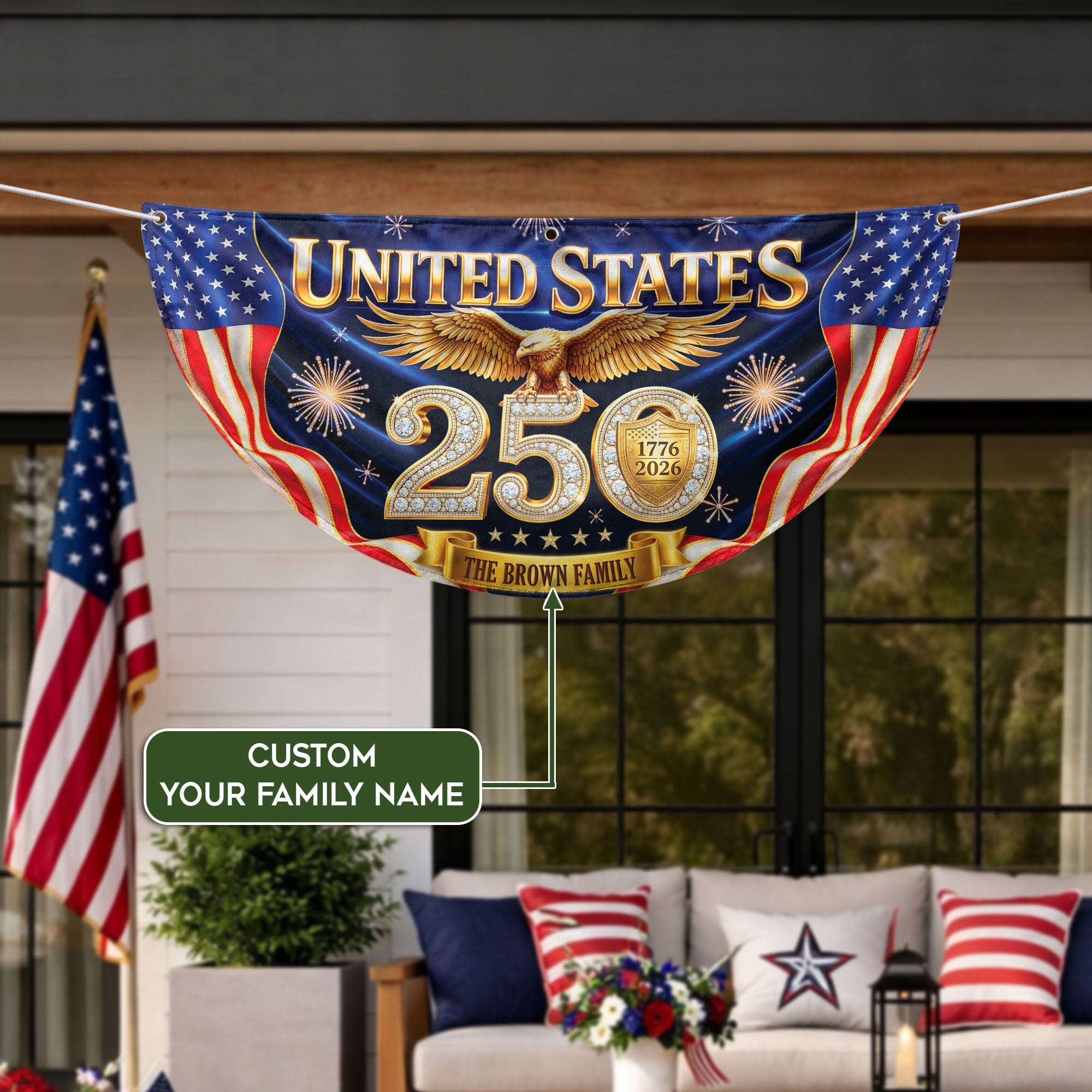 Custom Family Name United States 250 Years Patriot Golden Eagle 1776-2026 Fence Flag