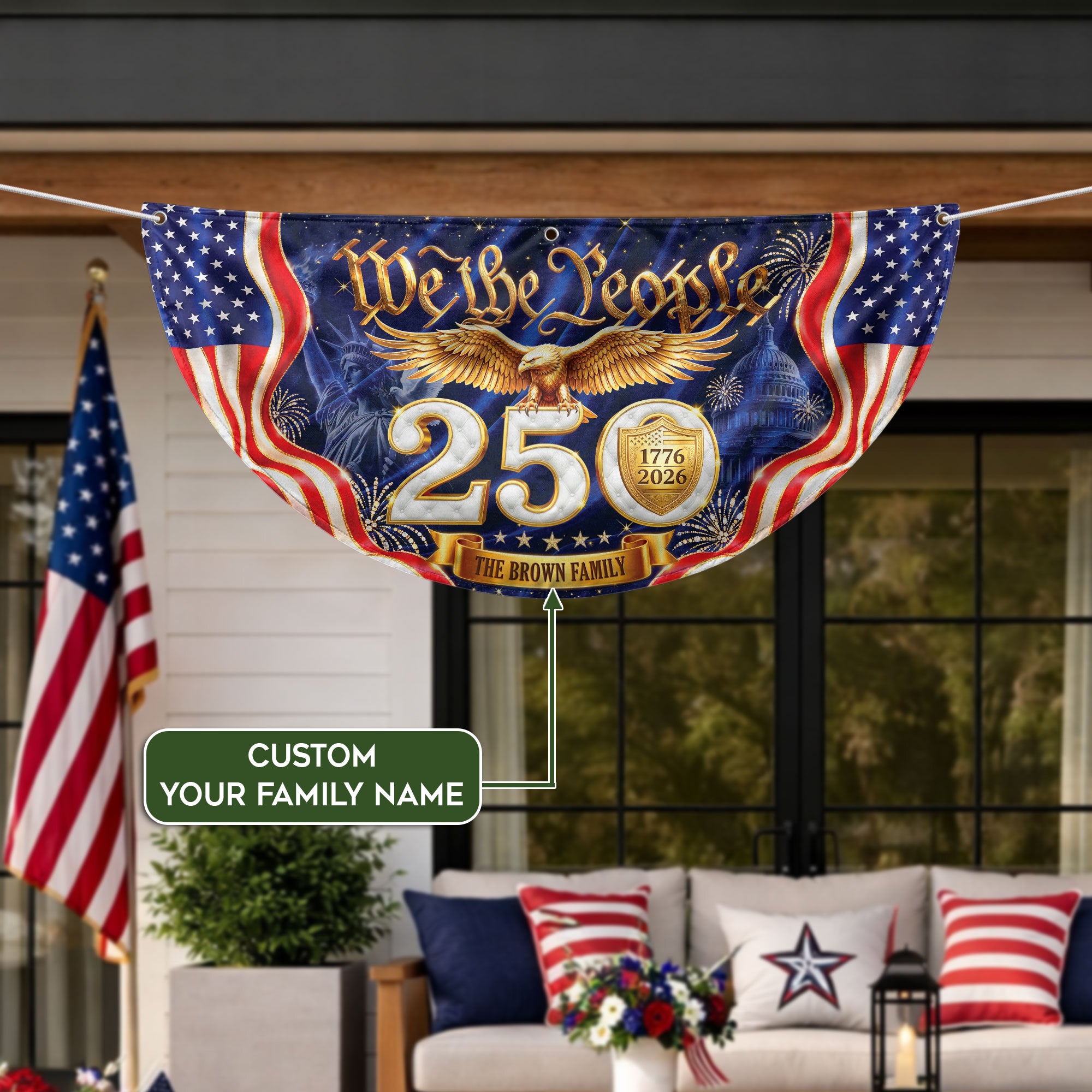 250th Anniversary USA Fence Flag We The People Eagle 1776-2026 Custom Family Name Banner