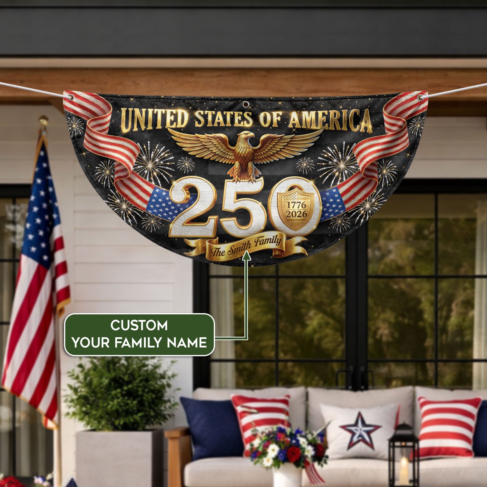 Personalized Family Name 1776-2026 United States Patriot Eagle Gold 250th Fence Flag