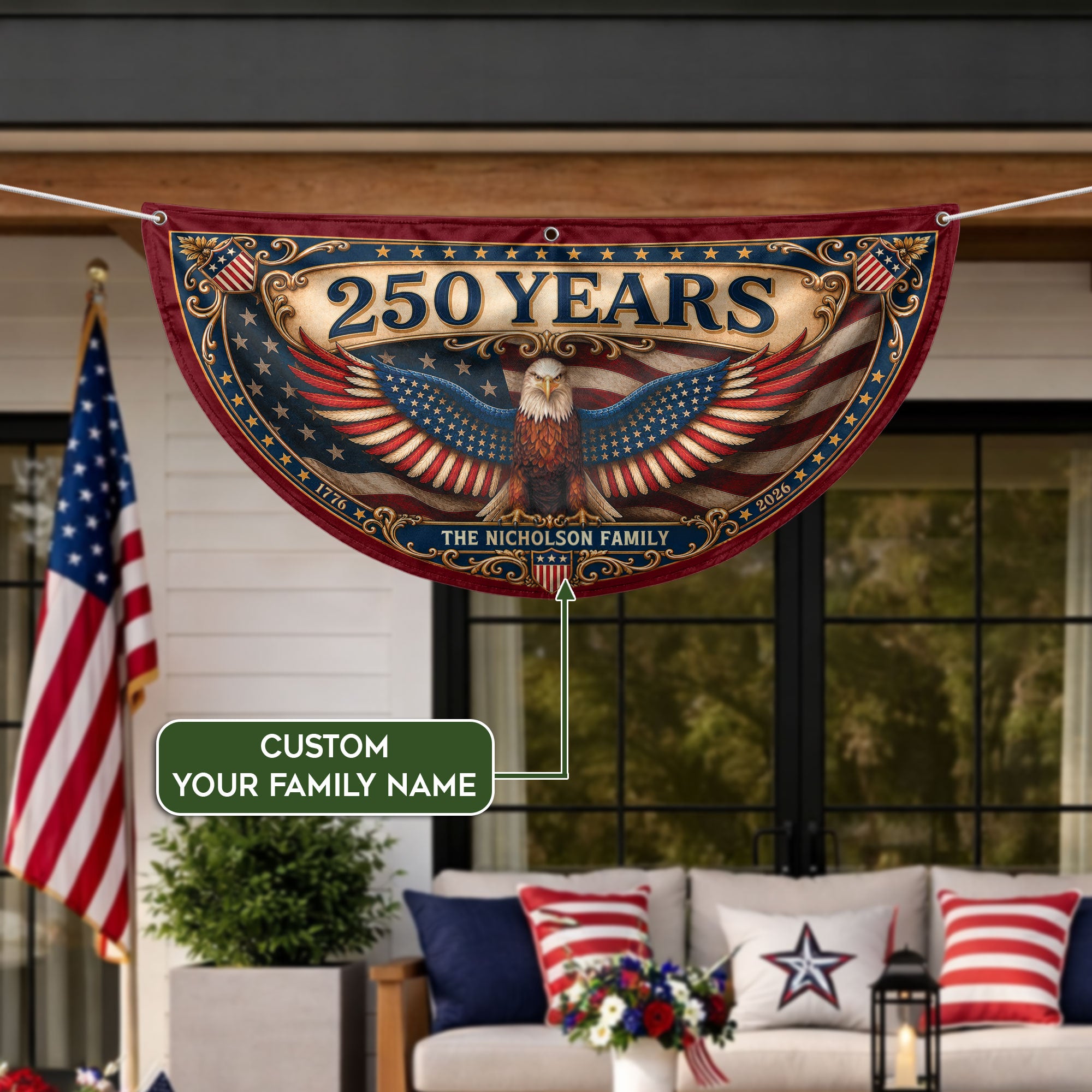 Personalized Family Name 1776-2026 United States Patriot Eagle Wings Bunting Banner