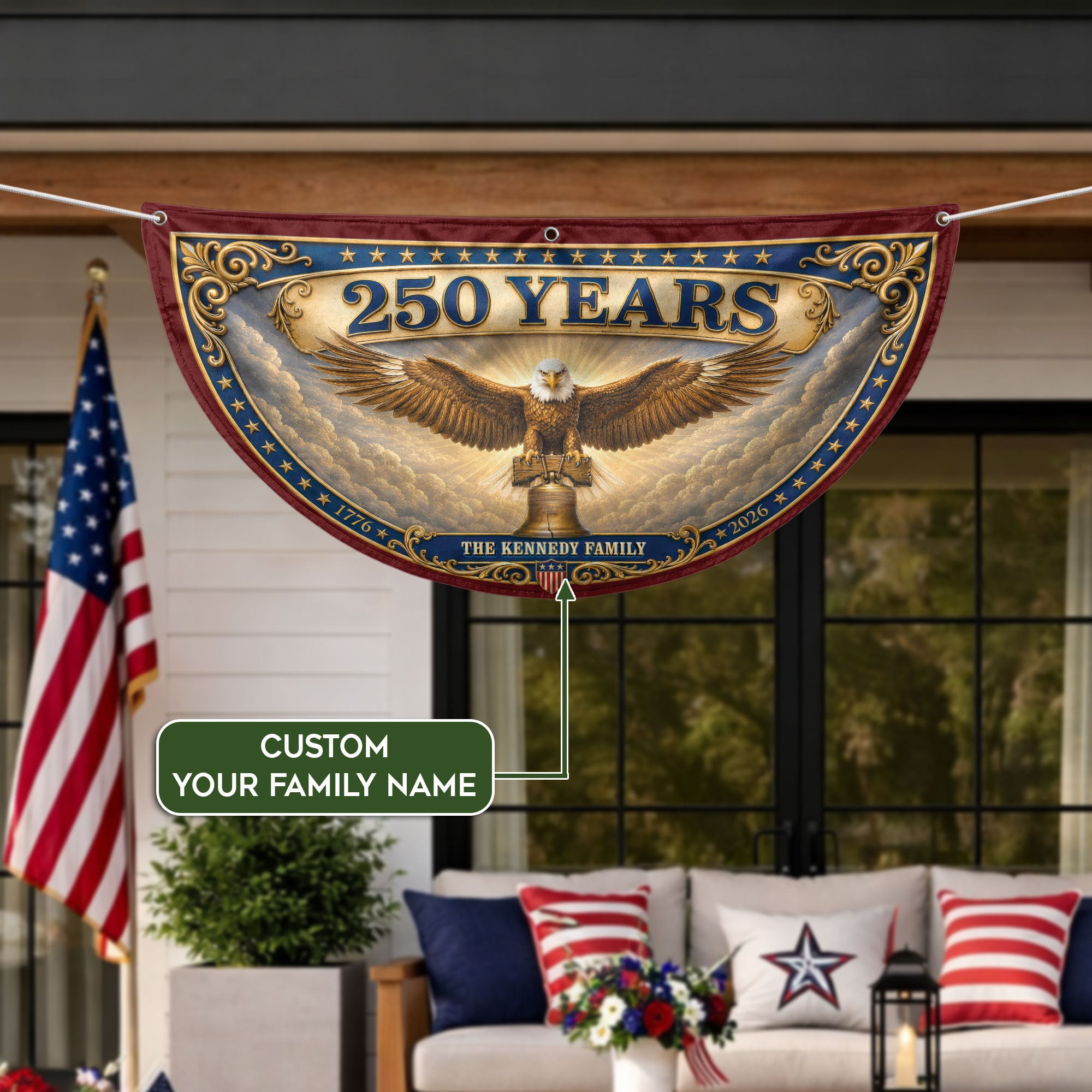 Custom Family Name 250 Years United States Patriot Eagle Liberty Bell Fence Flag