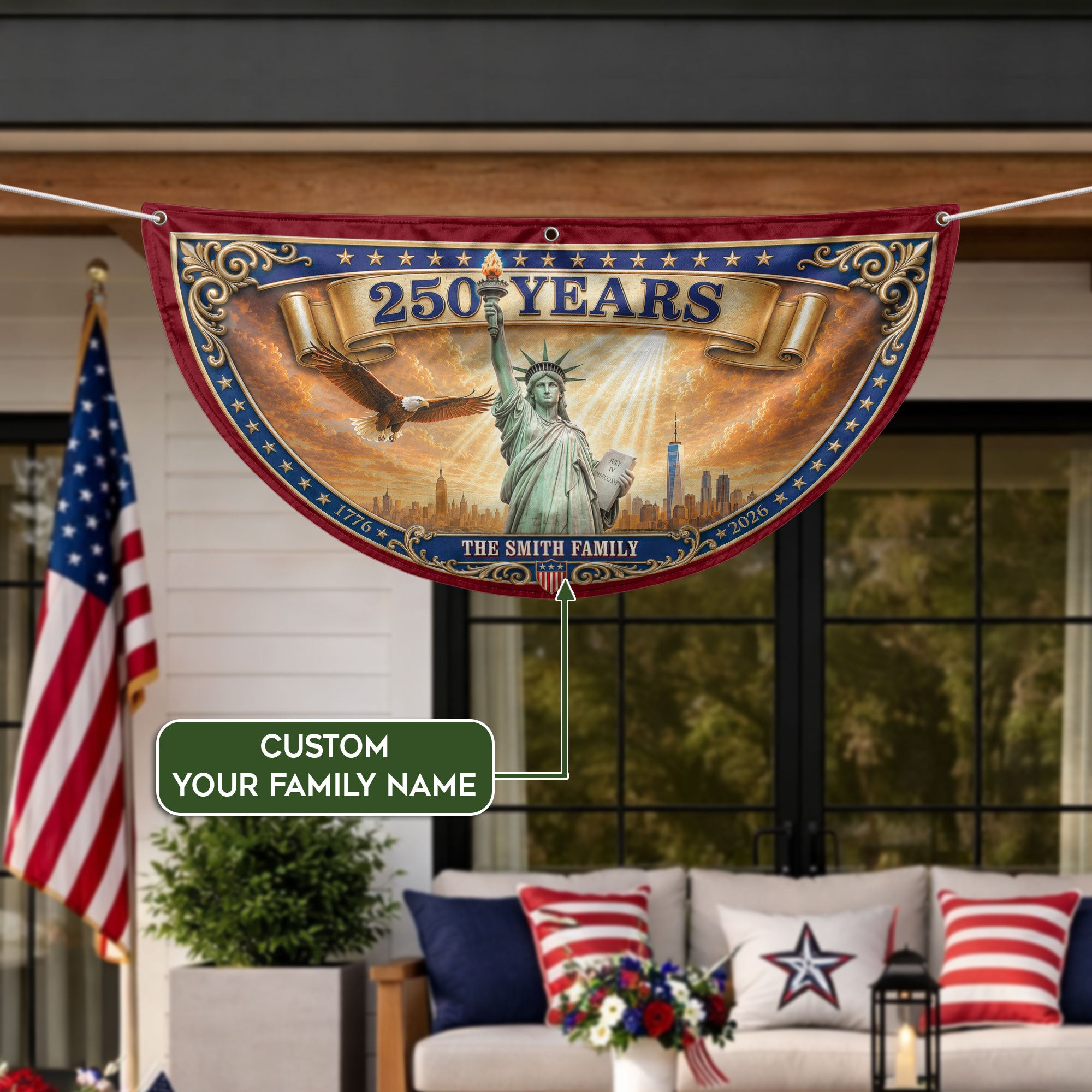 Custom Family Name 250 Years United States Patriot Statue of Liberty Bunting Fence Flag