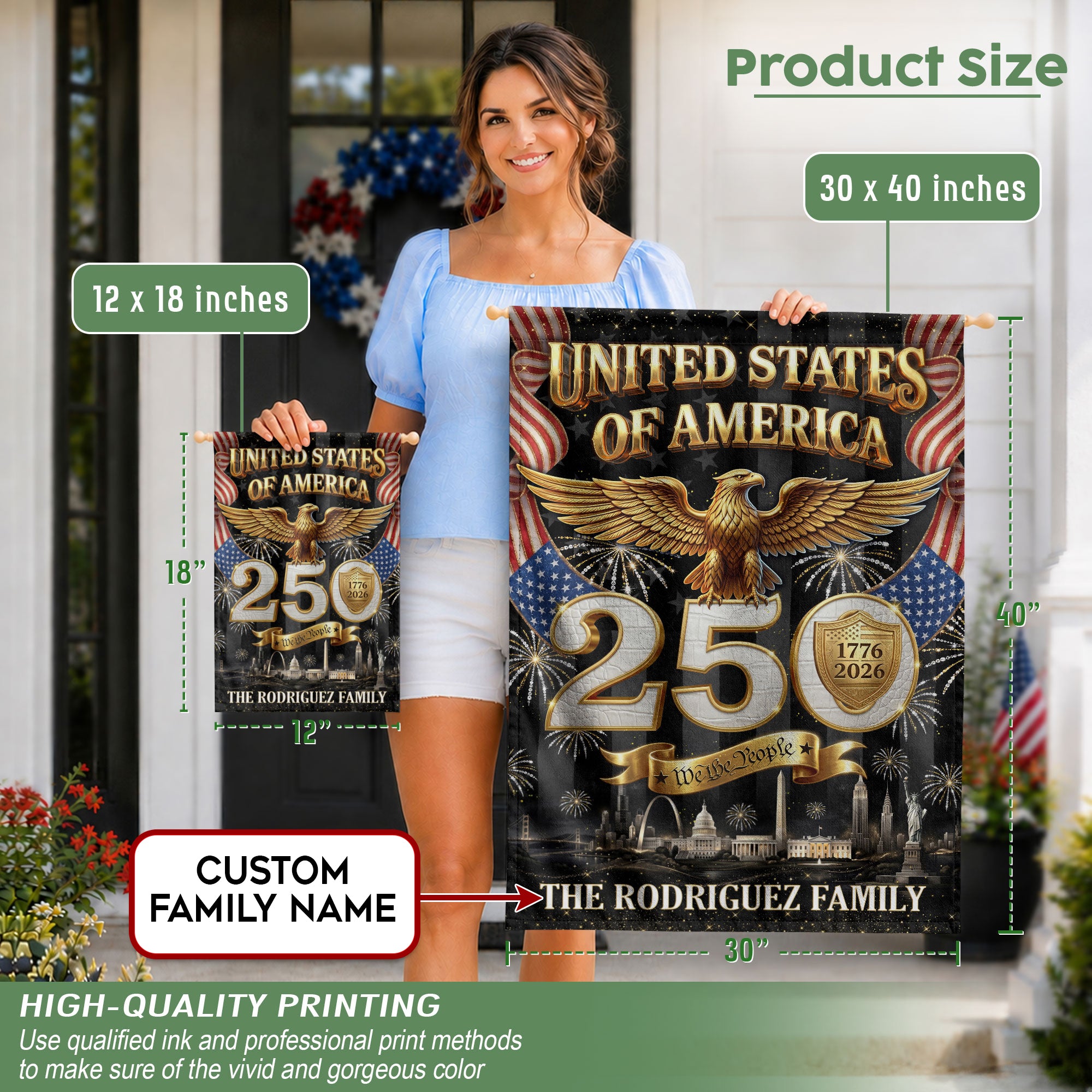Custom Family Name United States 1776-2026 Patriot Eagle Skyline Garden Flag Banner