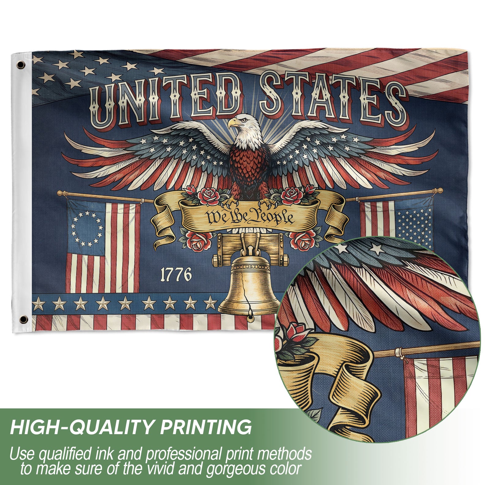 United States 1776-2026 Anniversary Flag Liberty Bell Bald Eagle We The People Banner
