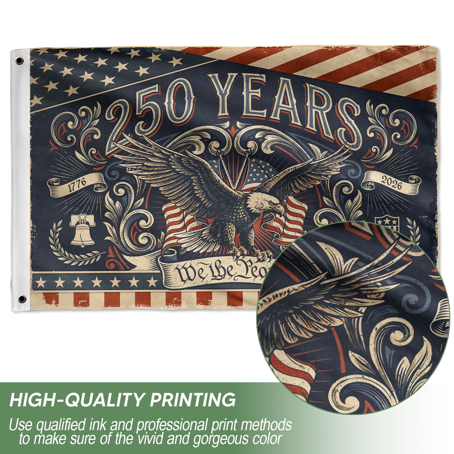 250 Years We The People Flag 1776-2026 Vintage American Eagle Liberty Bell Banner