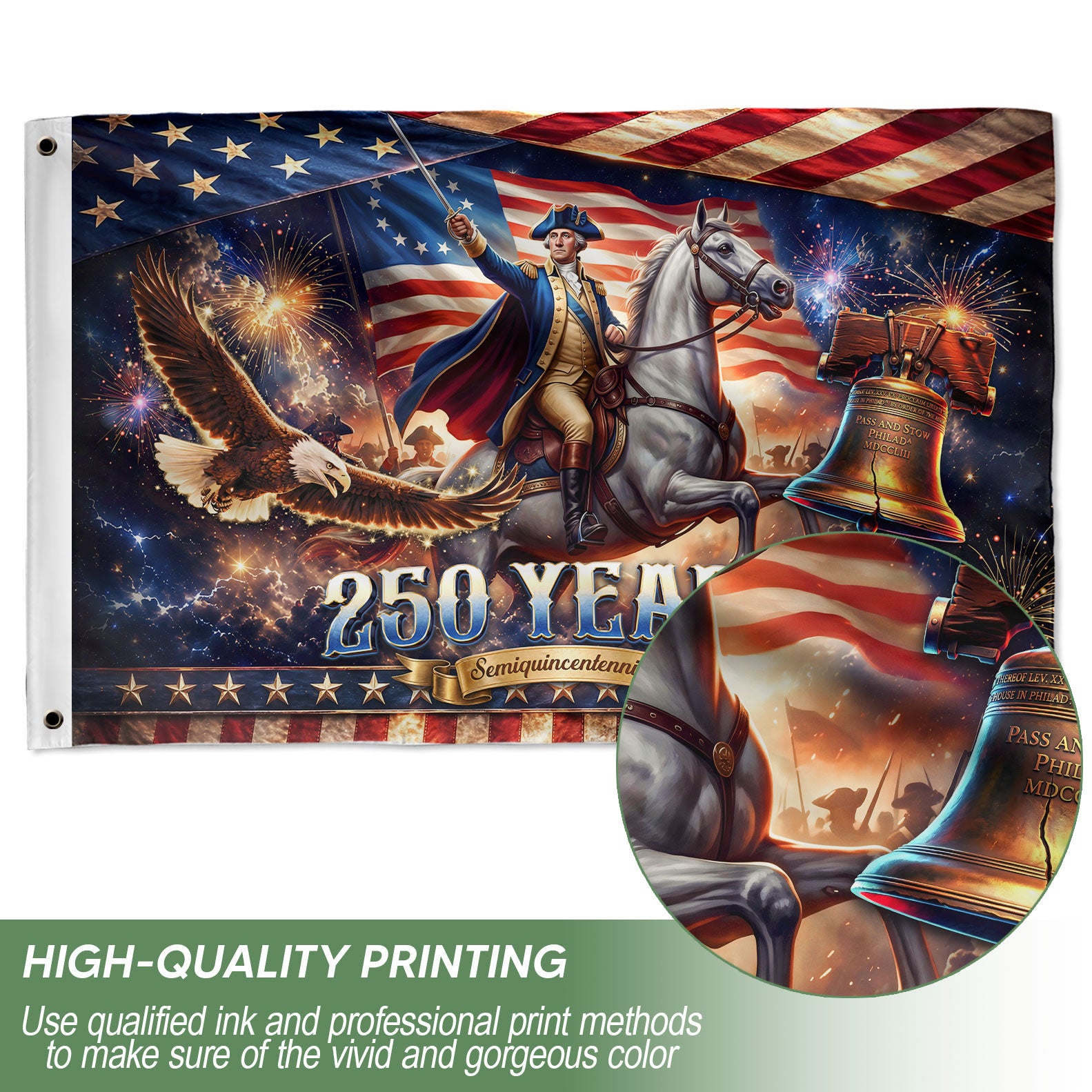 United States 250 Years Flag George Washington Liberty Bell Eagle Patriotic US Banner