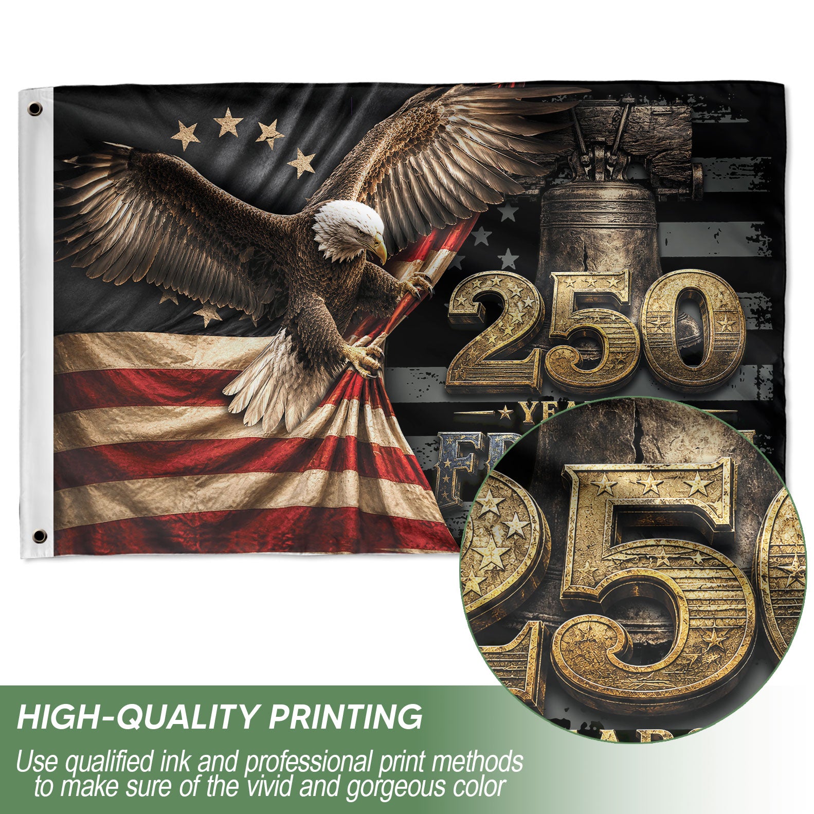 250 Years of Freedom Flag 1776-2026 Patriotic Bald Eagle Liberty Bell US Banner