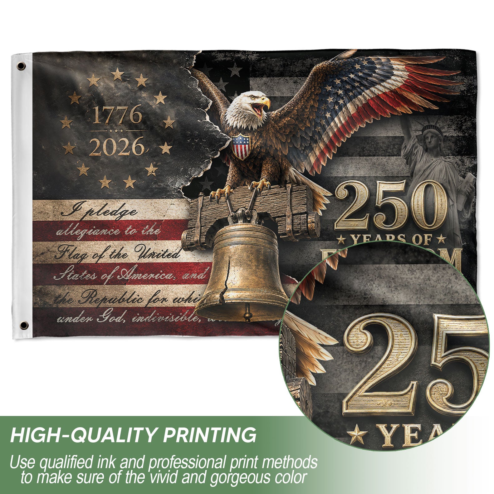 Commemorative 250 Years of Freedom Flag 1776-2026 Bald Eagle Liberty Bell Patriotic US Banner