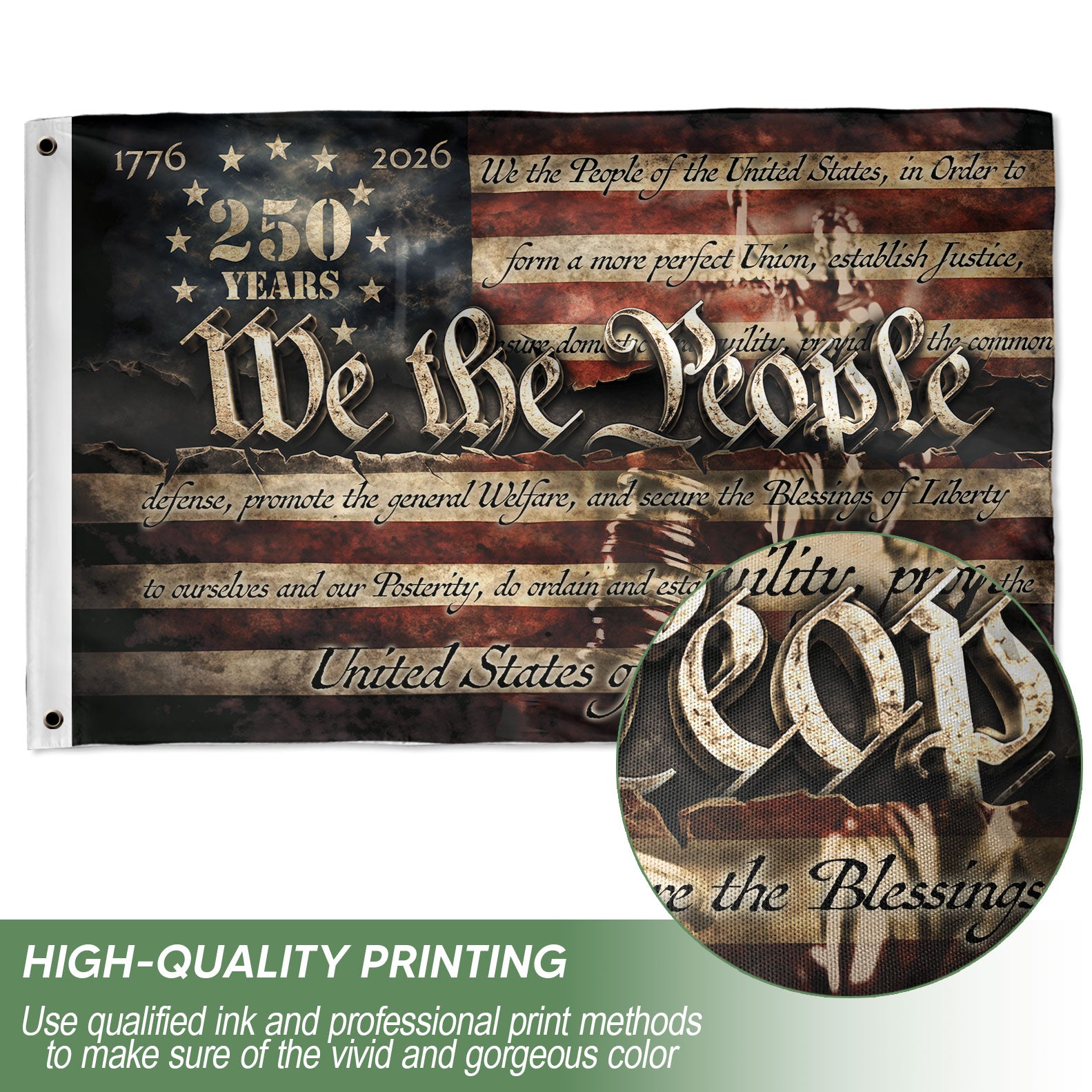 250 Years 1776-2026 American Flag We The People Constitution Preamble Patriotic Banner