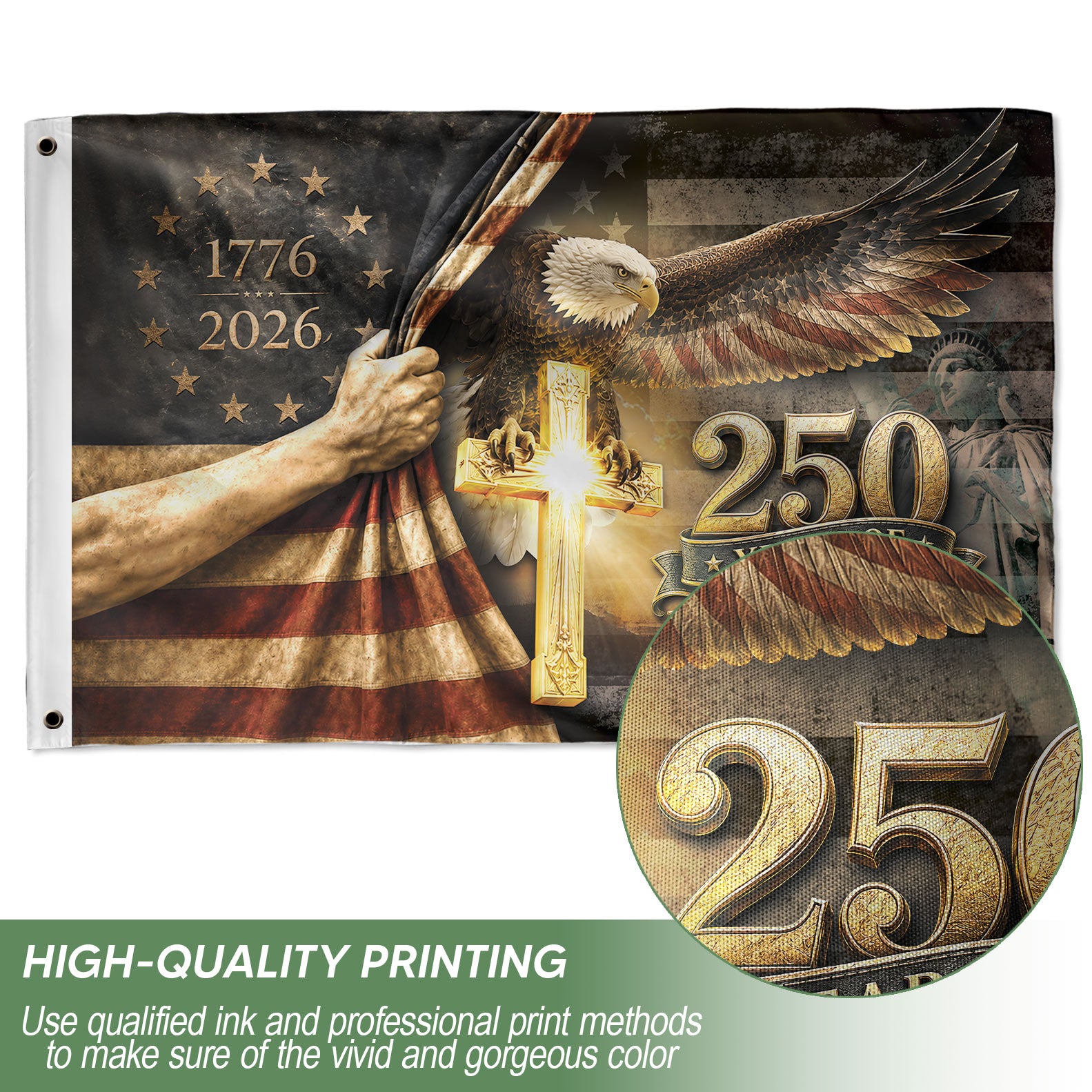 250 Years of Freedom Flag 1776-2026 Patriotic Bald Eagle Cross Liberty US Banner