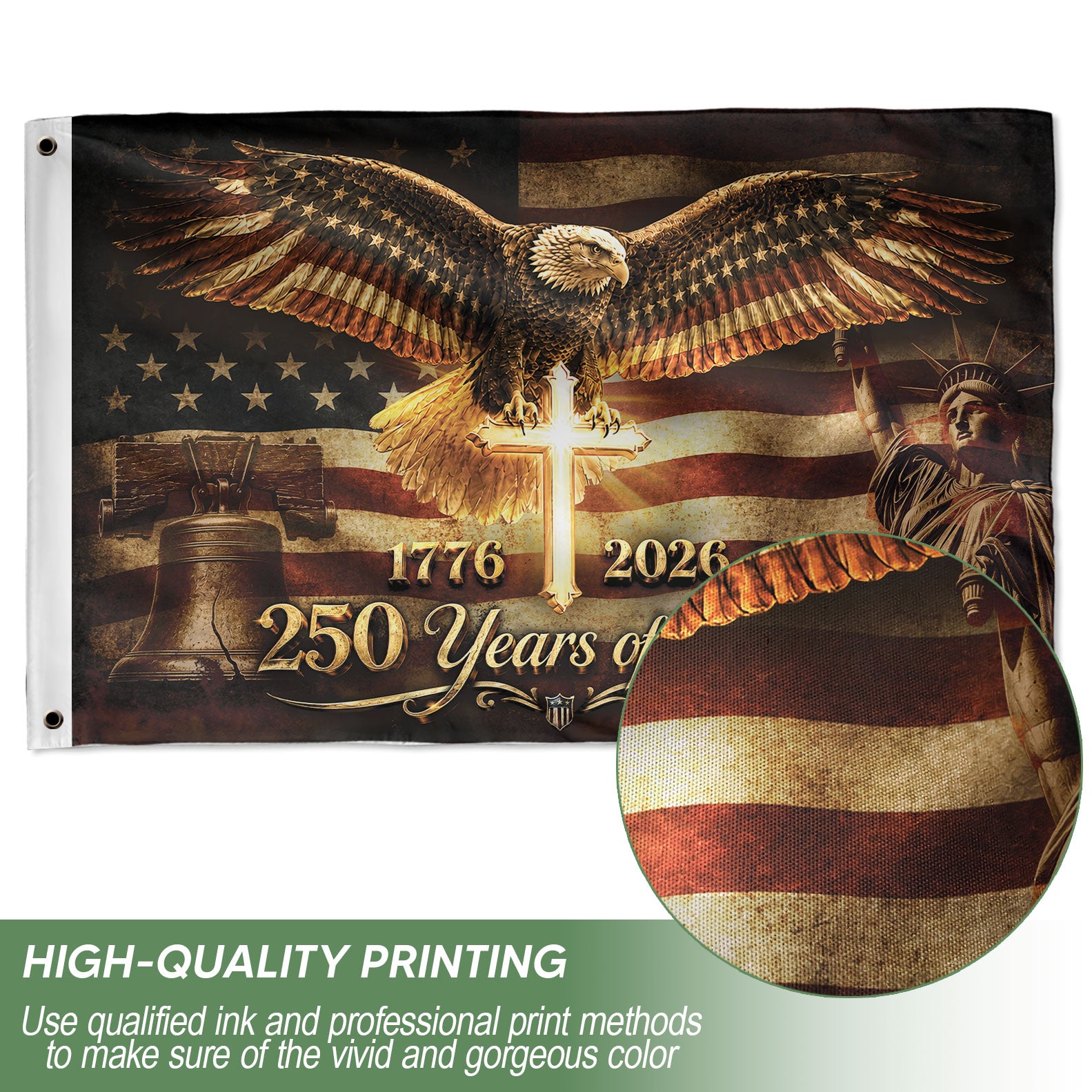 250 Years of Freedom Flag 1776-2026 Patriotic US Bald Eagle Liberty Bell Cross Banner