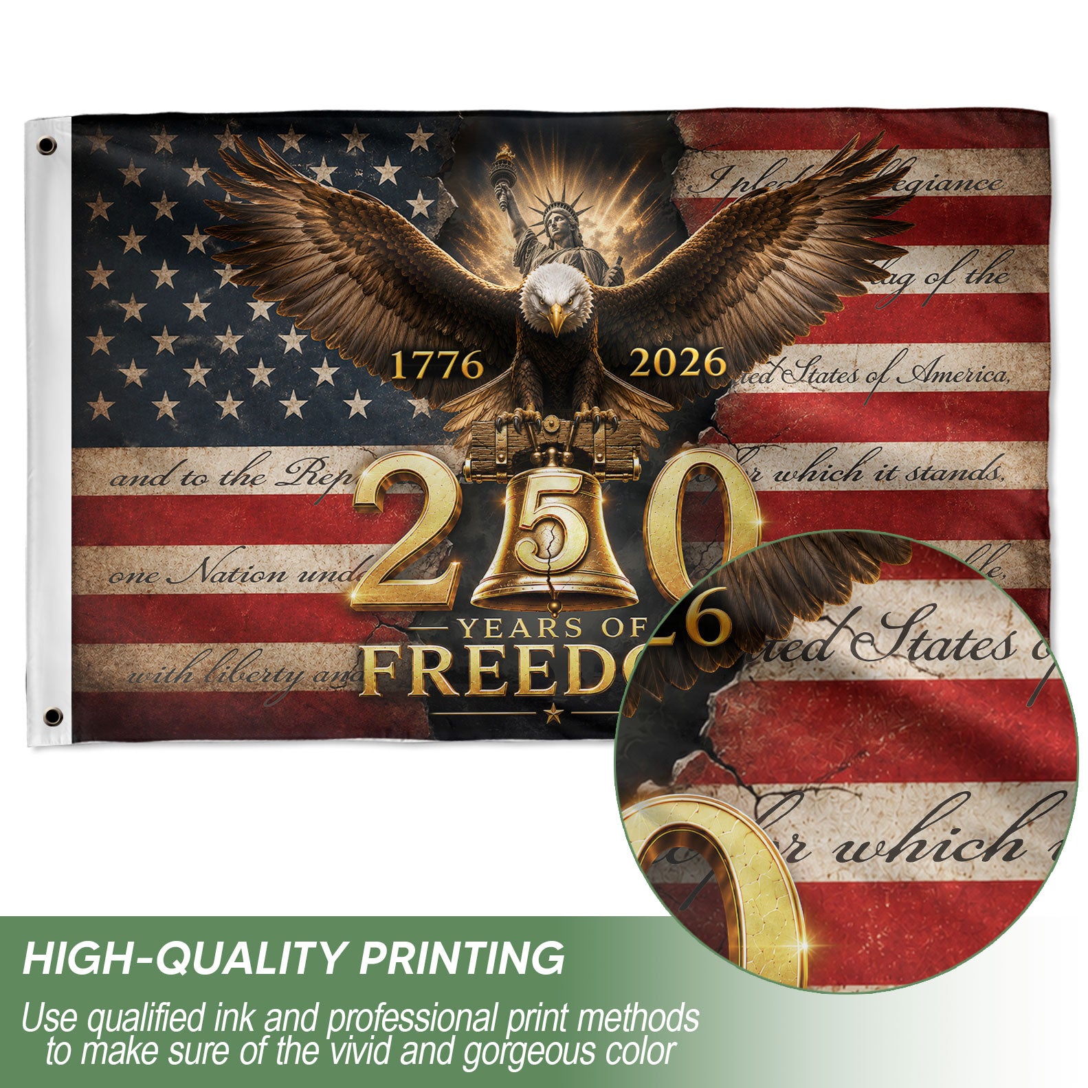 250 Years of Freedom Flag 1776-2026 Eagle Liberty Bell Statue of Liberty US Banner