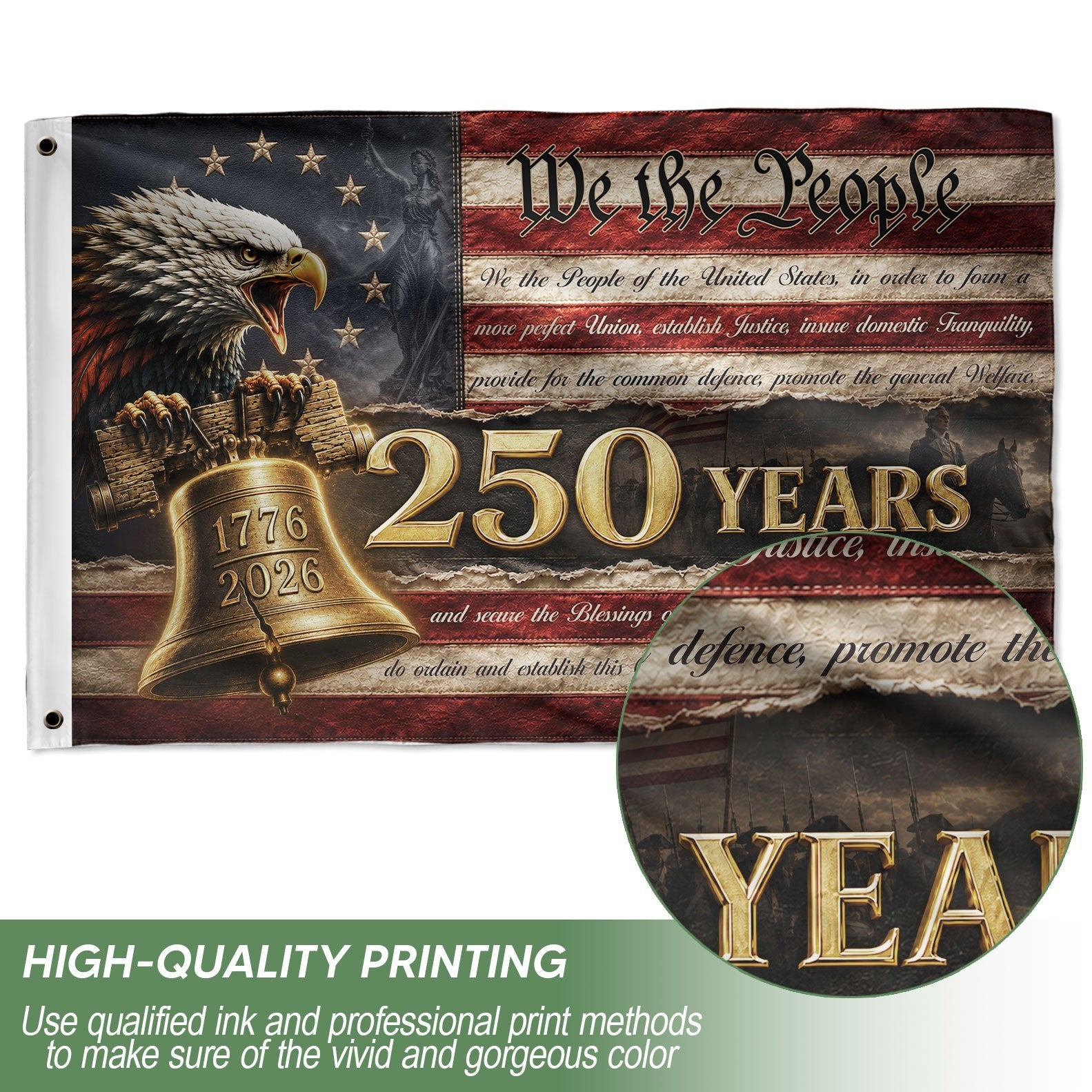 250 Years We The People Flag 1776-2026 Constitution Liberty Bell Eagle Patriotic Banner - Rust Field Wear