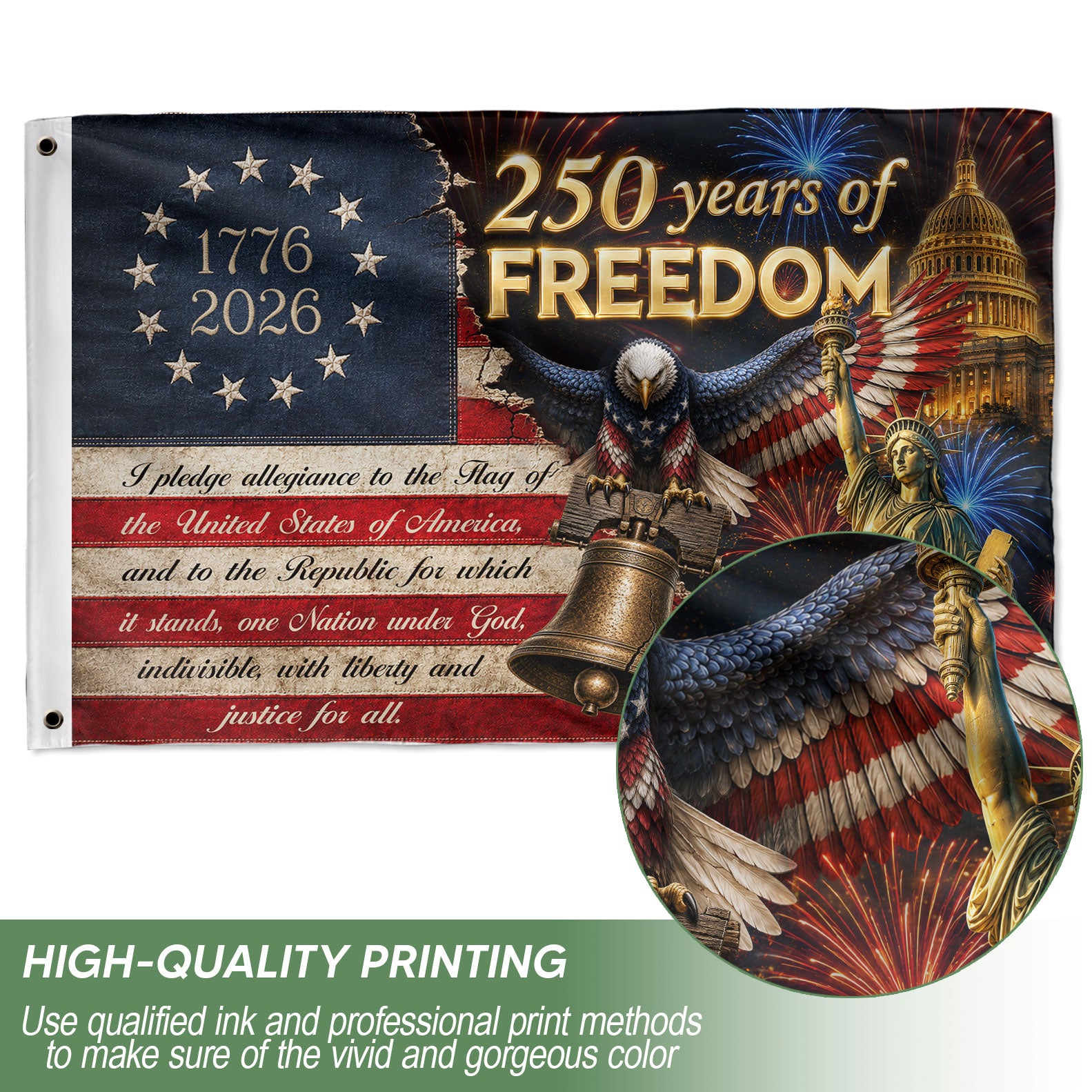 250 Years of Freedom Flag 1776-2026 Pledge of Allegiance Statue of Liberty US Banner