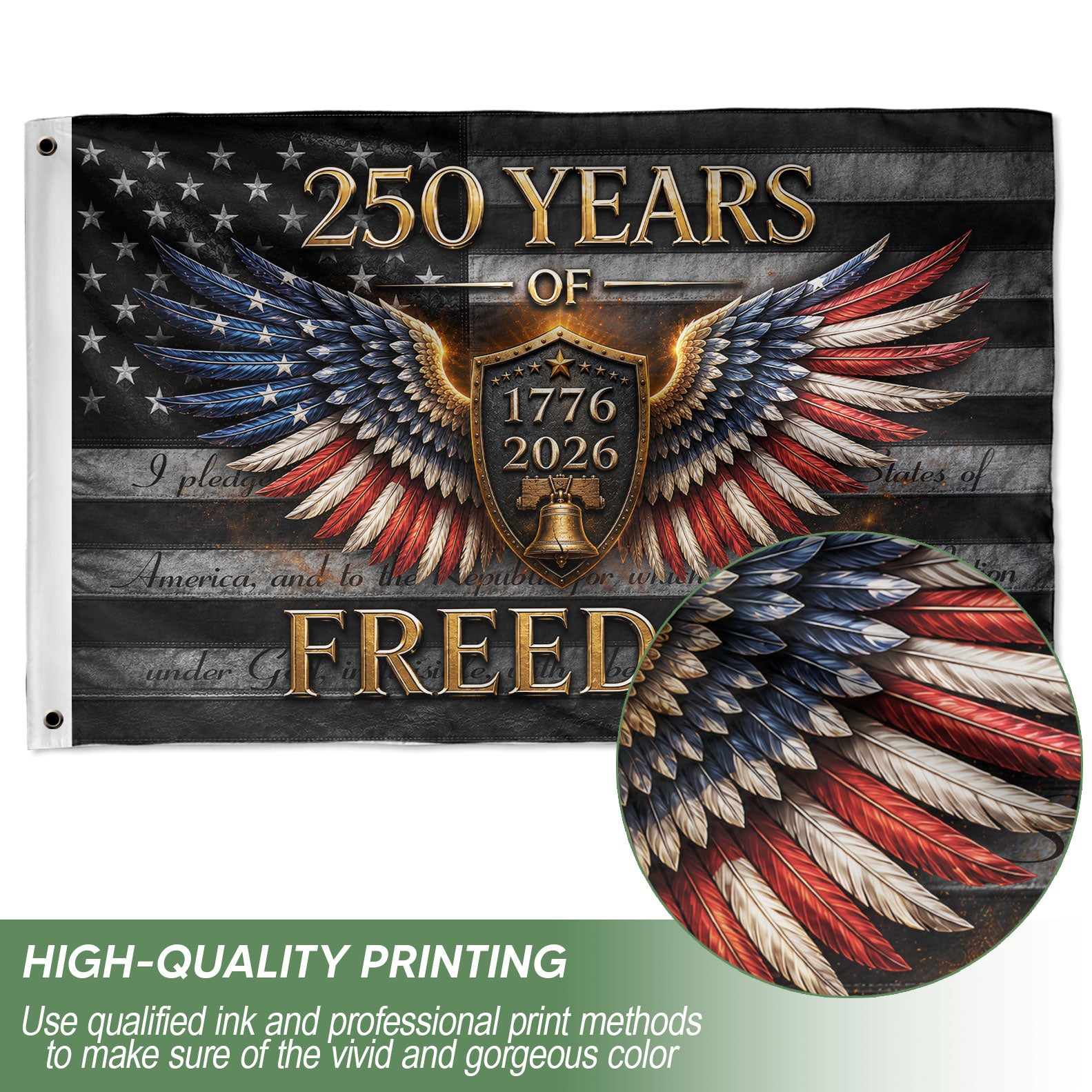 250 Years of Freedom Flag 1776-2026 Patriotic Eagle Wings Shield Liberty Bell Banner