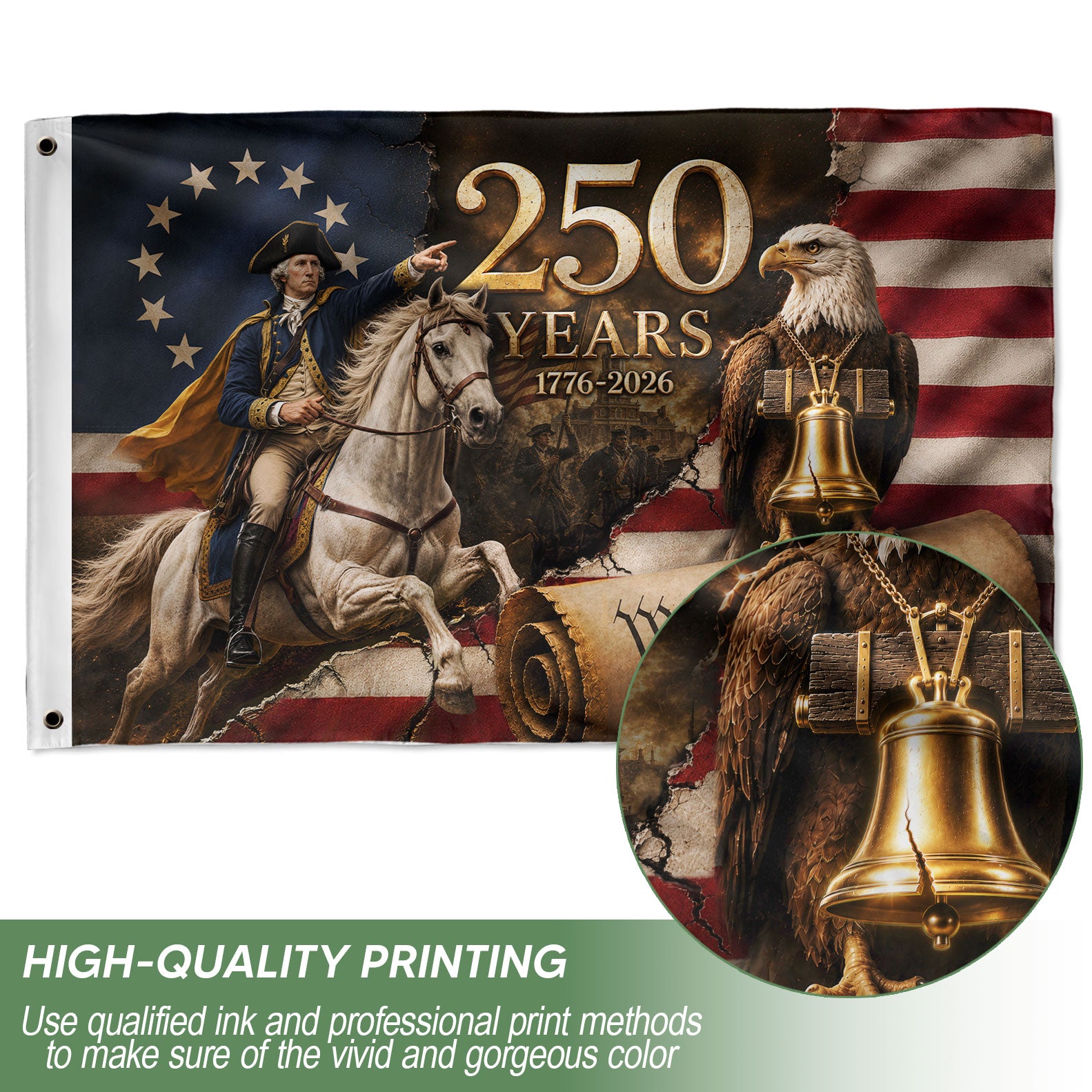 250 Years US Flag George Washington Eagle Liberty Bell 1776-2026 We The People Banner