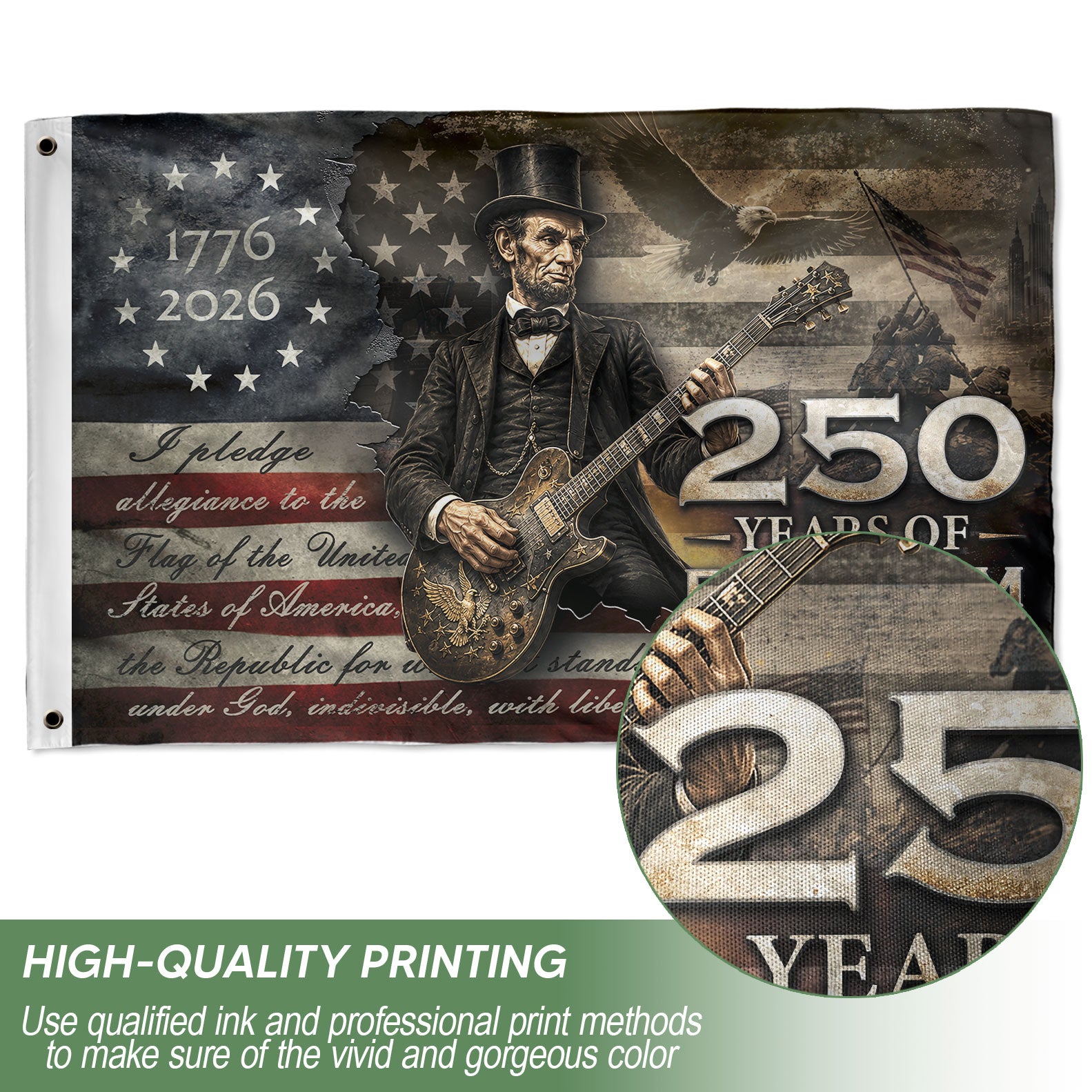 250 Years of Freedom Flag 1776-2026 Abraham Lincoln Guitar Eagle Patriotic US Banner