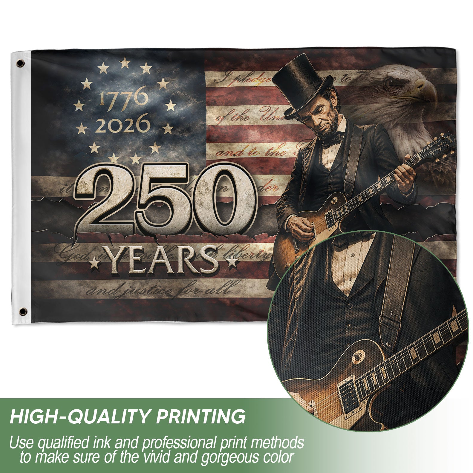Patriotic 250 Years of Freedom Flag 1776-2026 Abraham Lincoln Guitar Bald Eagle US Banner