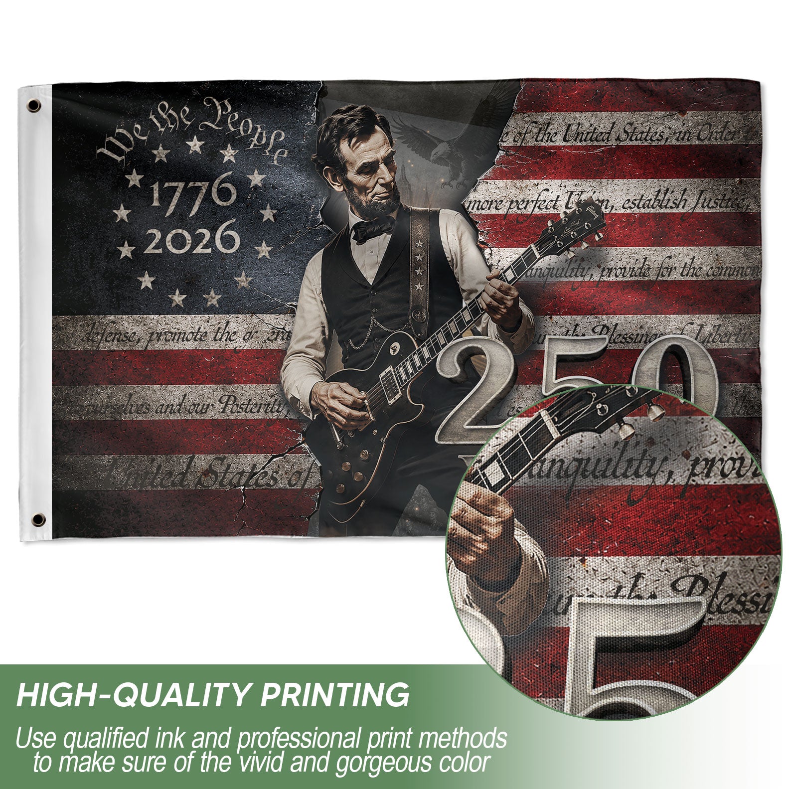 250 Years of Freedom Flag 1776-2026 Abraham Lincoln Guitar Patriotic US Banner We the People Decor