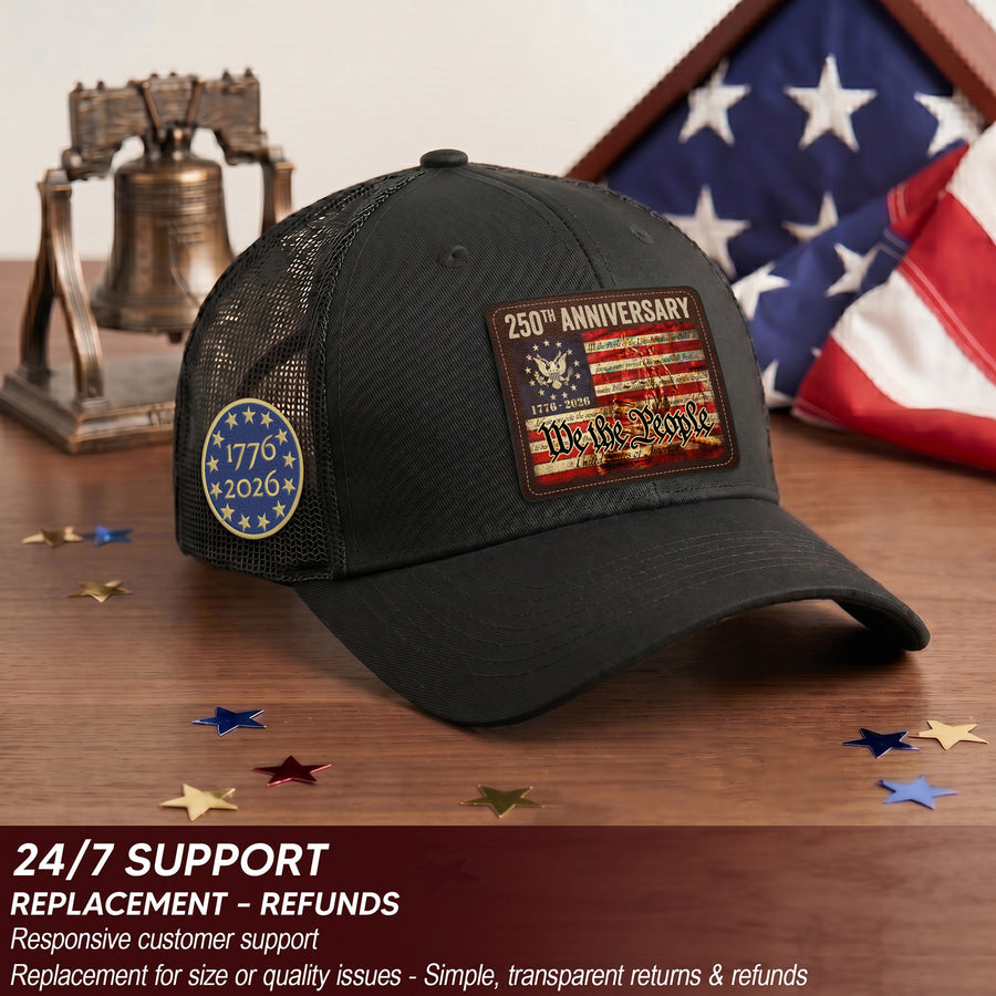 US 250th Anniversary Leather Patch Hat We The People Constitution Trucker Cap