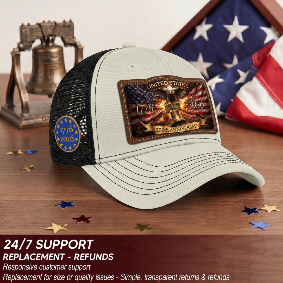 US 250th Anniversary Leather Patch Hat Liberty Bell Eagle Off White Trucker Cap