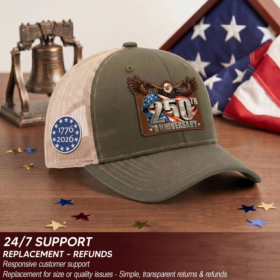 US 250th Anniversary Leather Patch Hat Patriotic Eagle Trucker Cap