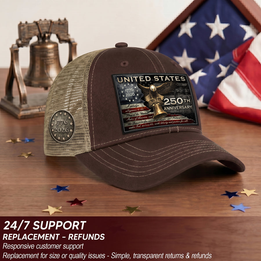US 250th Anniversary Hat Pledge of Allegiance Liberty Bell Brown Trucker Cap