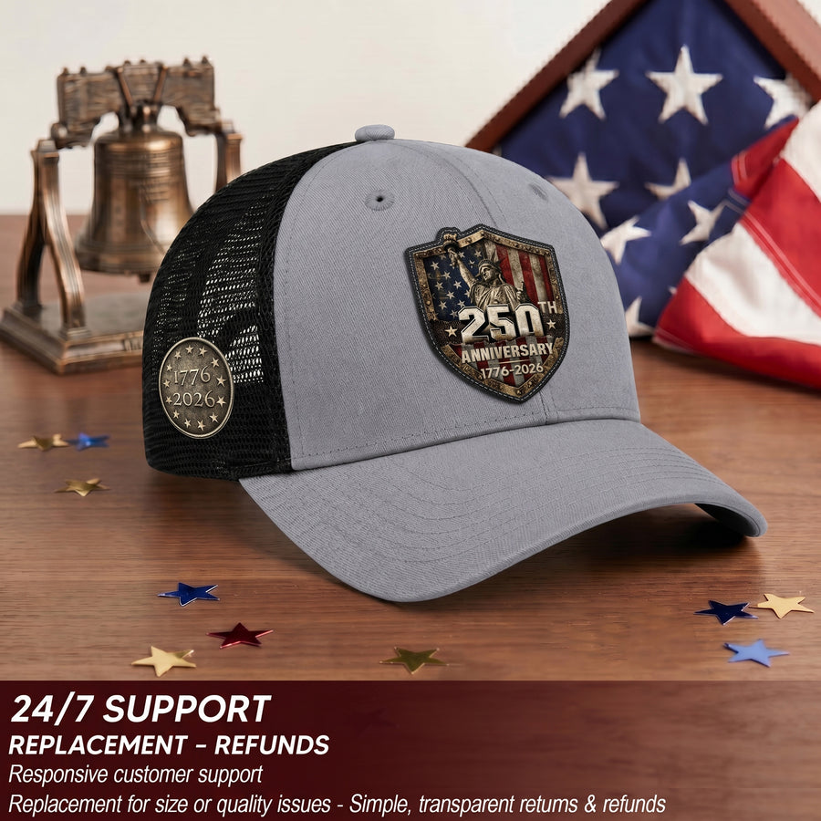 US 250th Anniversary Trucker Hat Vintage Liberty Shield Gray Leather Patch Cap
