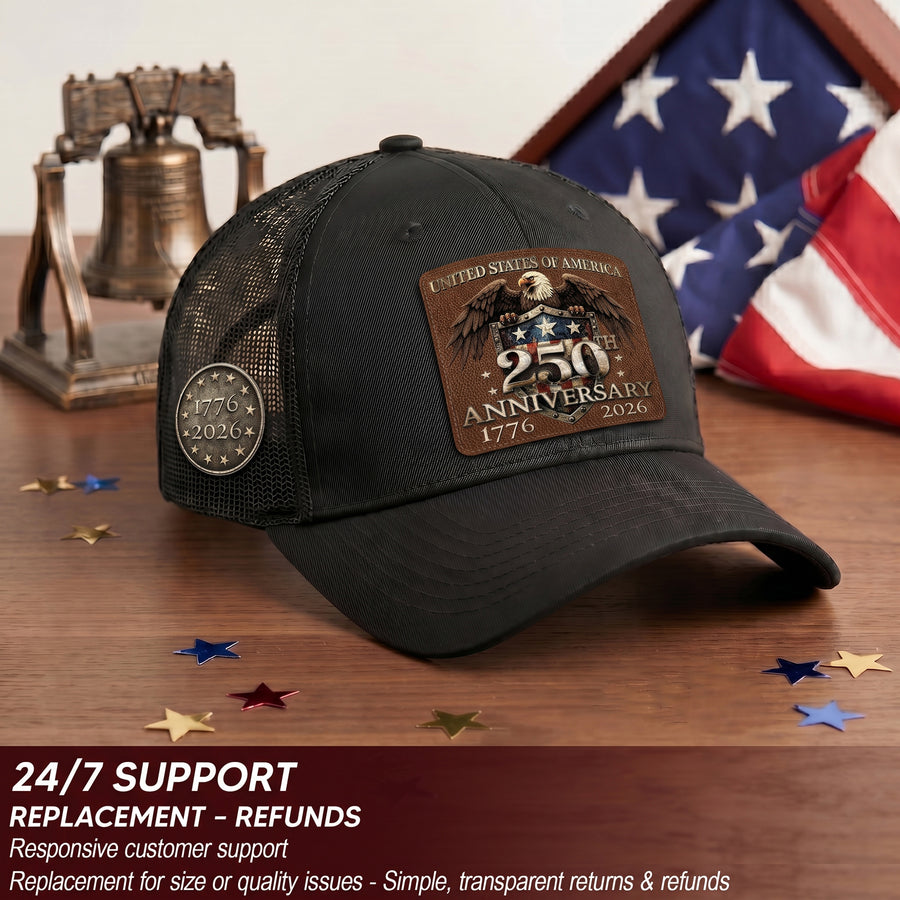 US 250th Anniversary Leather Patch Hat Patriotic Eagle Shield Black Trucker Cap