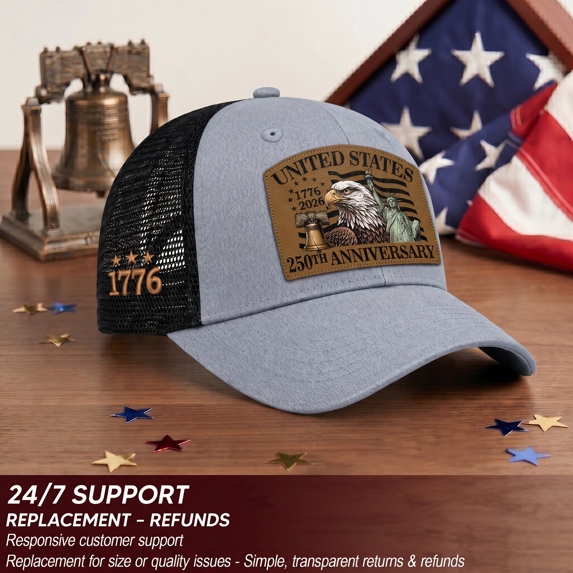 US 250th Anniversary Leather Patch Hat Patriotic American Eagle Trucker Cap