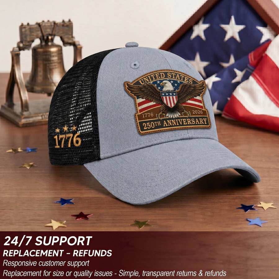 US 250th Anniversary Leather Patch Hat Patriotic Eagle Shield Trucker Cap