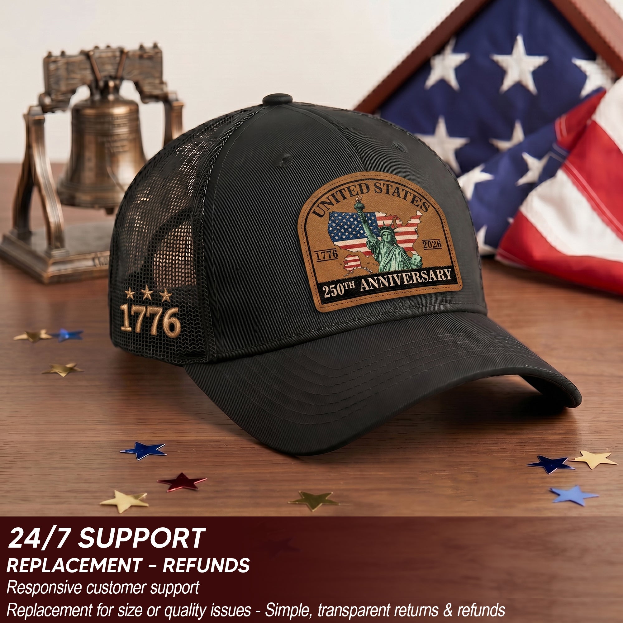 US 250th Anniversary Leather Patch Hat Statue of Liberty Black Trucker Cap
