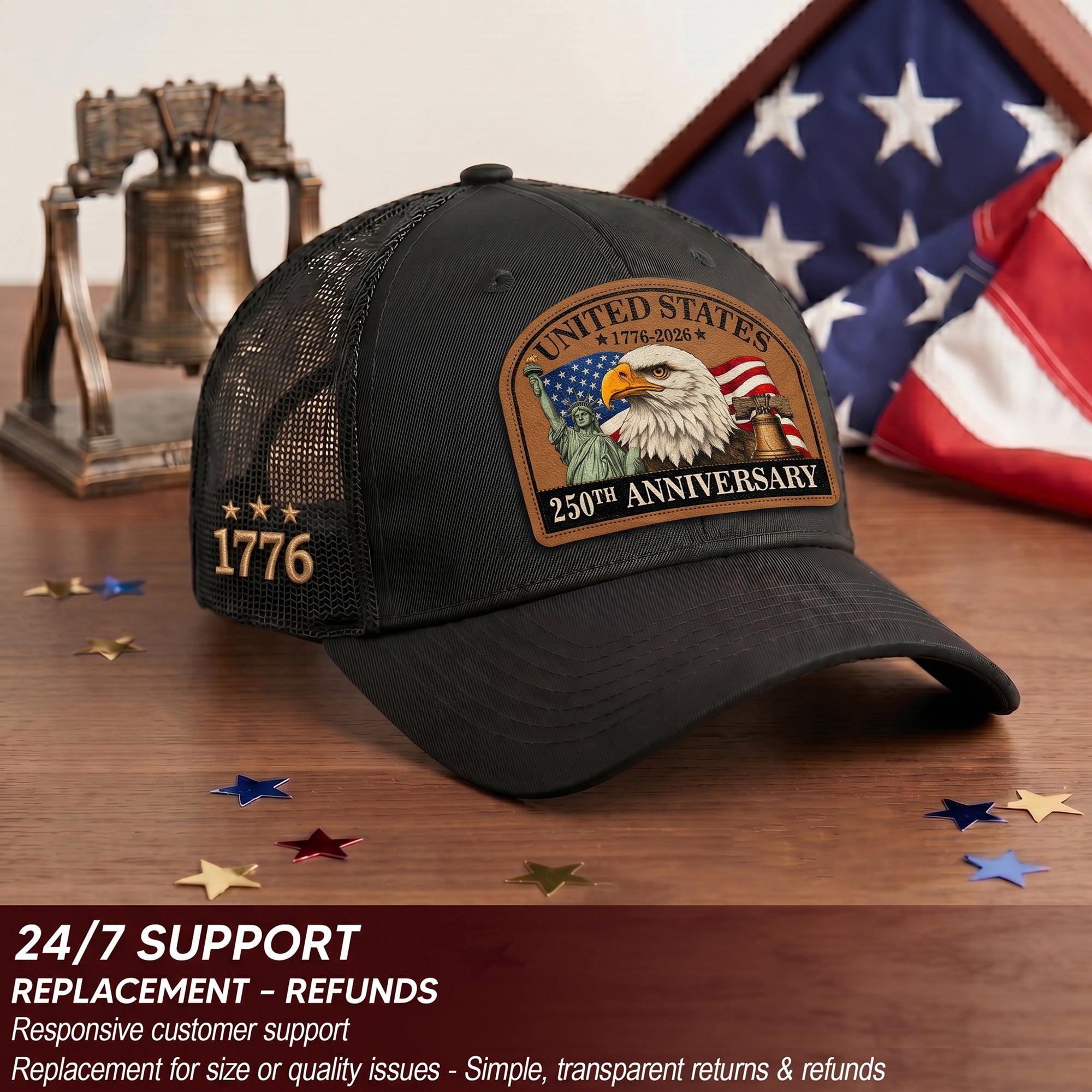 US 250th Anniversary Leather Patch Hat Patriotic Eagle Liberty Black Trucker Cap