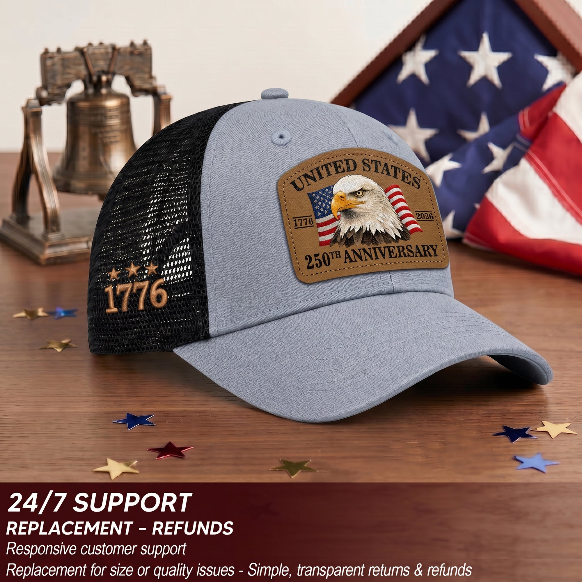 US 250th Anniversary Trucker Hat Patriotic American Eagle Leather Patch Gray Cap