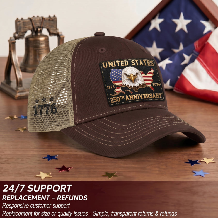 US 250th Anniversary Trucker Hat Vintage American Eagle Leather Patch Brown Cap