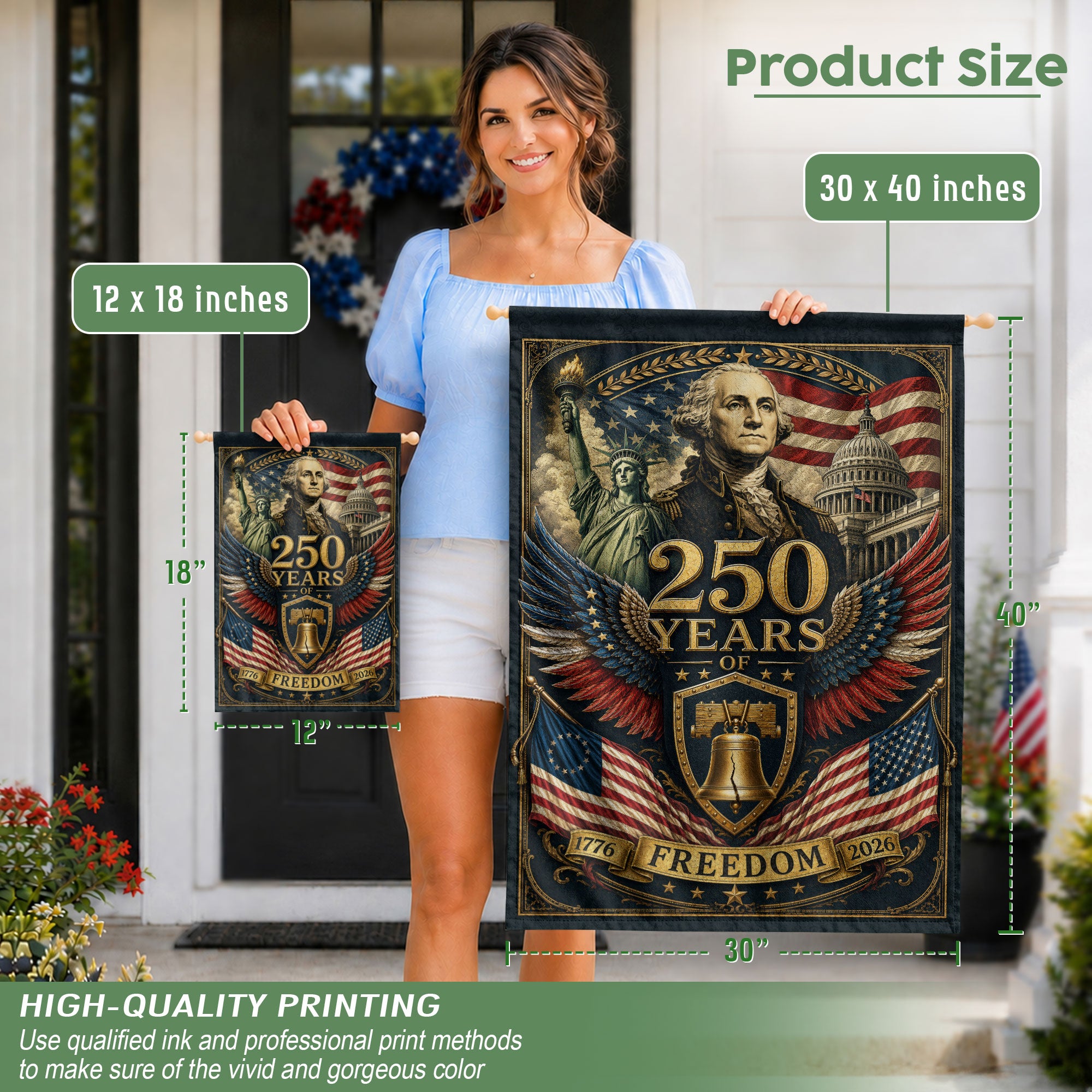 USA 250th Anniversary House Flag 1776-2026 Patriotic George Washington Liberty Icons Banner